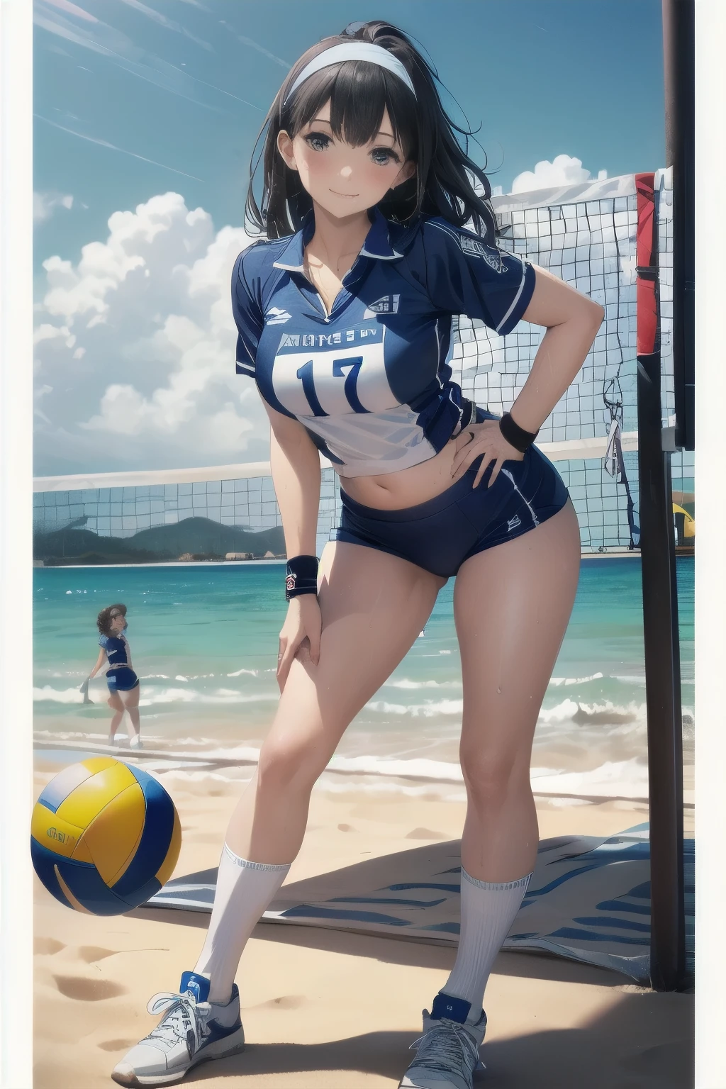 UHD, anatomically correct, 8K, (((masterpiece))), (((highest quality))), (((super detailed))), (((High resolution))), ((super detailed illustrations)), ((ultimate cutie)), detailed beautiful face, alone, one girl, , pot belly, crooked, big breasts, thick thighs, shiny hair,, smile, (blush), break, (((bloomers))), (Beach Volleyball Uniform), head band, ((Wristband)),, (((loose socks))), , ((High Top Sneakers)), stylish pose, ((Sweat)), (Sweatをかいた), (heavy breathing), sense of depth, on the beach, lit, view audience,full body、(blue volley ball uniform:1.3)
