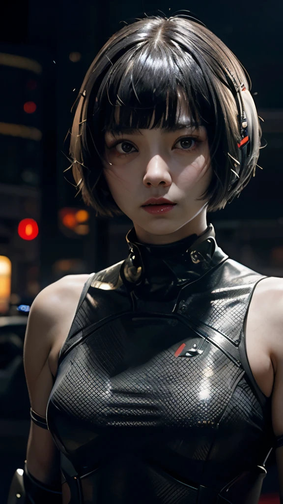 A short straight silky haired japan girl, bang, bob cut, dark eyes, , young, pale skin, frightened, insecure expression, Ultra high res, uhd, (photorealistic:1.4), doll-like face, outdoor, futuristic environment, she is a futuristic lethal enforcer, carrying a laser gun