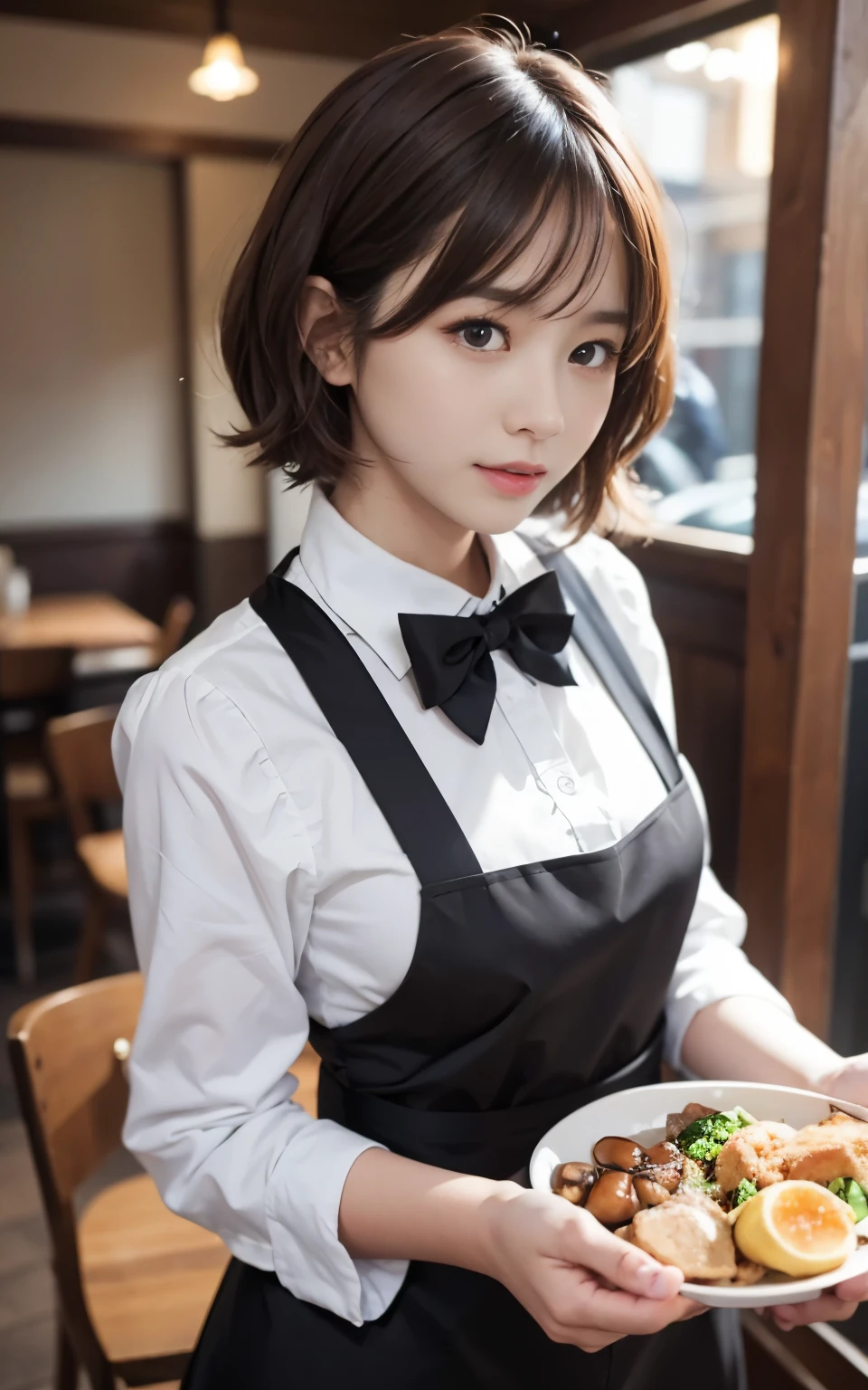 cute 21 year old japanese、apron, black bow tie、Waiter、Cafe、super detail face、pay attention to details、double eyelid、beautiful thin nose、sharp focus:1.2、Beautiful woman:1.4、(light brown hair,short hair、),pure white skin、highest quality、masterpiece、ultra high resolution、(Photoreal:1.4)、Highly detailed and professional lighting、nice smile、Please show me your whole body、