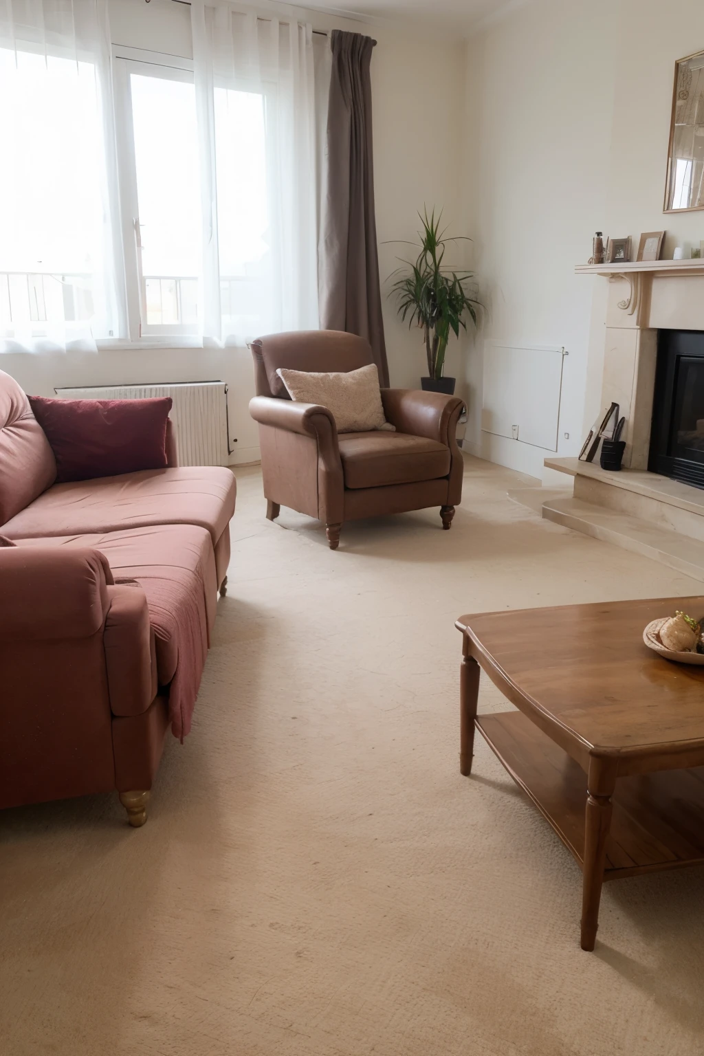 Living room with pink armchair, alfombra de piel de cebra, coffee coffee table, piso de madera clara