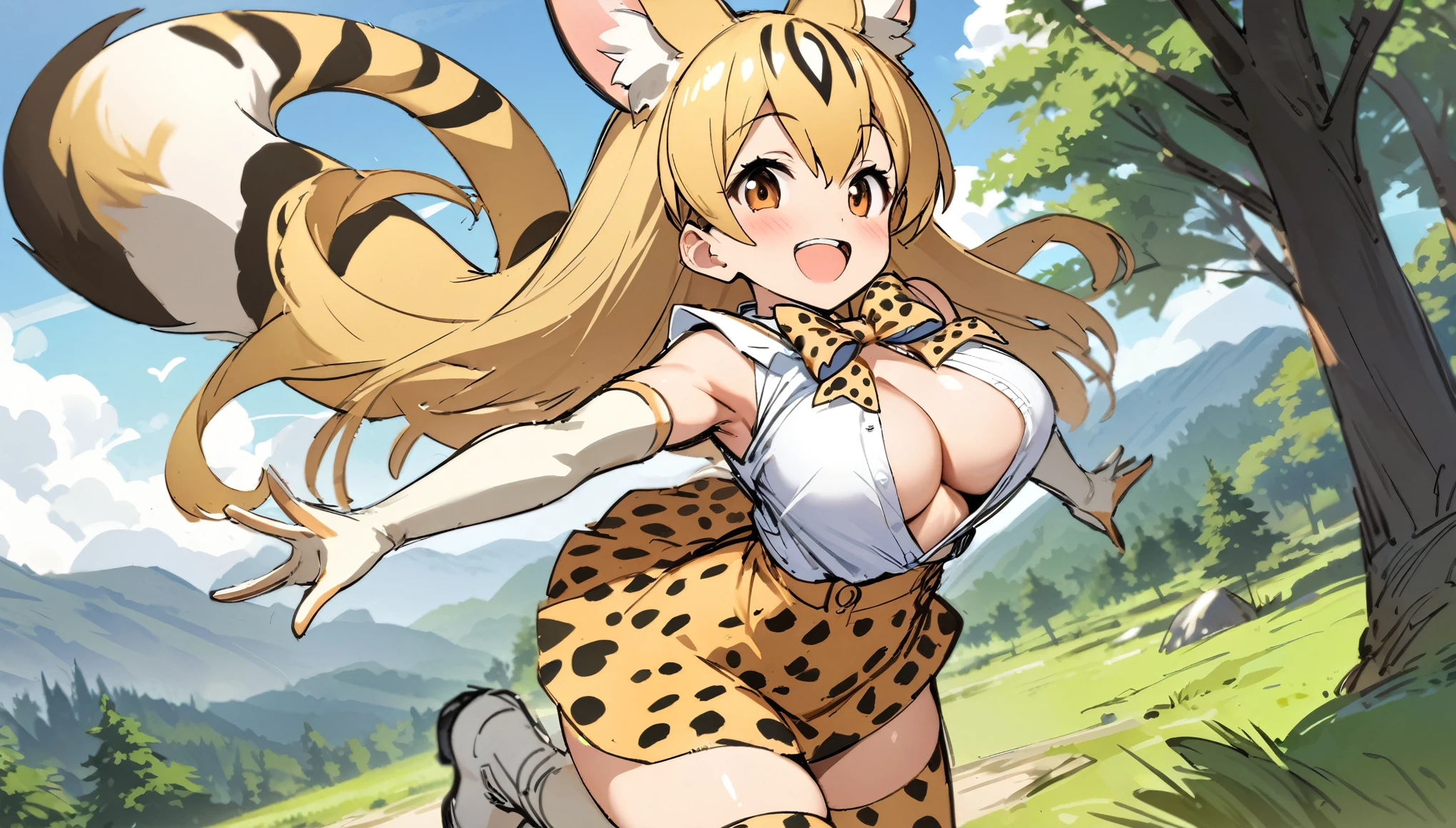  (masterpiece, best quality), serval (kemono friends), 1 girl, solo, breasts, looking at viewer, blush, smile, green eys, open mouth, very long hair,  blonde hair, multi colored hair, jumping ,bangs, skirt, grass land, trees , mountain , shirt, thighhighs, gloves, bow, animal ears, large breasts ,bare shoulders,  tail, full body, white shirt, :d, boots, sleeveless, elbow gloves, bowtie, armpits, sketch, sleeveless shirt, white footwear,  white bow, extra ears, high-waist skirt, white bowtie, serval print, print skirt, print bow, print gloves, striped tail, print bowtie, two-tone bowtie,((( open front of the shirt chest very wide)))
