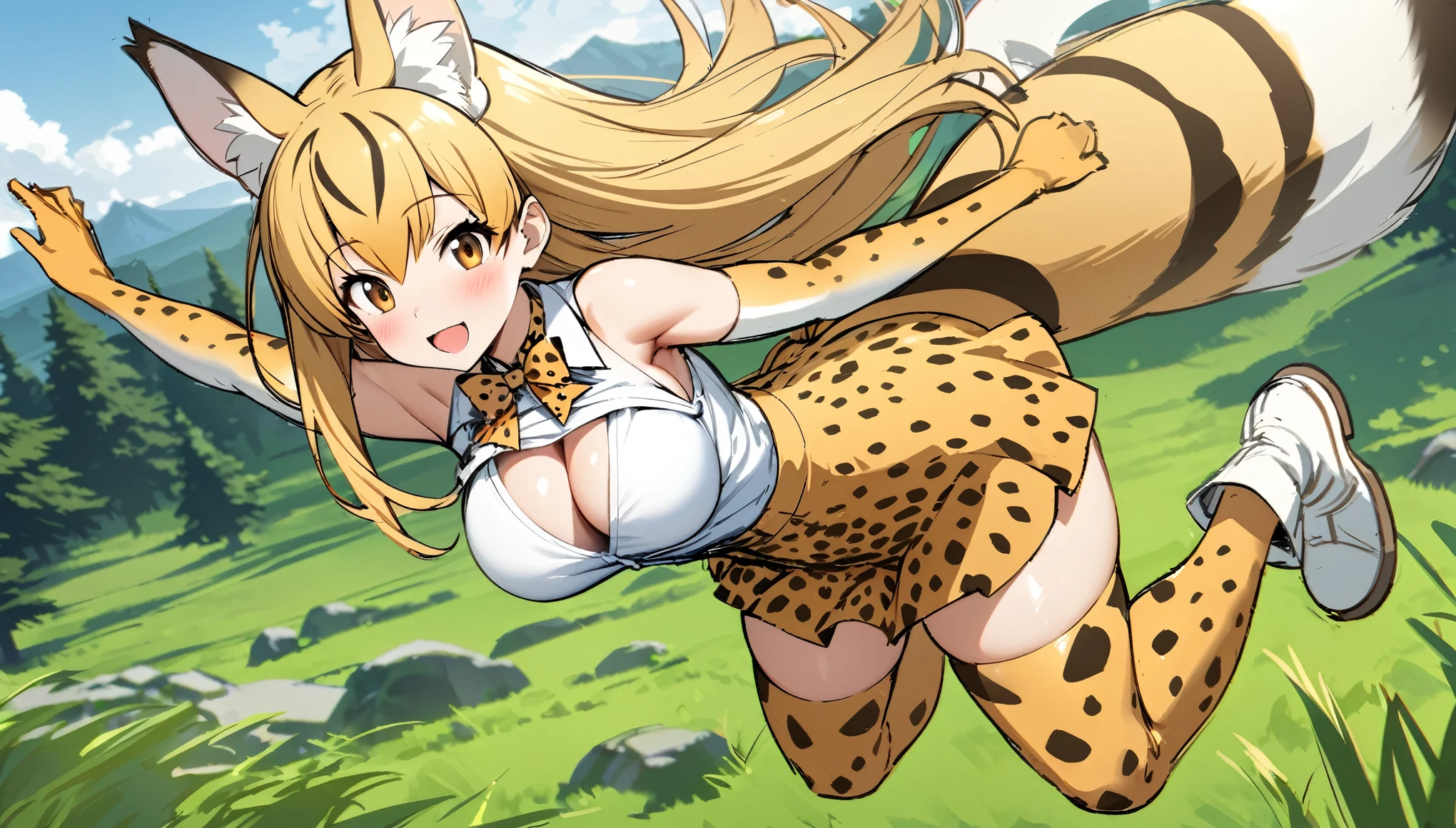  (masterpiece, best quality), serval (kemono friends), 1 girl, solo, breasts, looking at viewer, blush, smile, green eys, open mouth, very long hair,  blonde hair, multi colored hair, jumping ,bangs, skirt, grass land, trees , mountain , shirt, thighhighs, gloves, bow, animal ears, large breasts ,bare shoulders,  tail, full body, white shirt, :d, boots, sleeveless, elbow gloves, bowtie, armpits, sketch, sleeveless shirt, white footwear,  white bow, extra ears, high-waist skirt, white bowtie, serval print, print skirt, print bow, print gloves, striped tail, print bowtie, two-tone bowtie,((( open front of the shirt chest very wide)))
