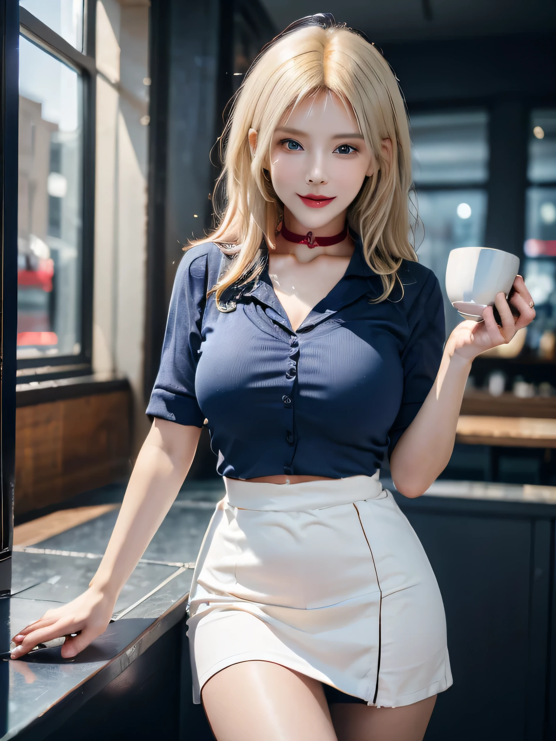 (photorealistic:1.8, highest quality:1.8,8K masterpiece:1.8,High resolution,muste piece:1.8,RAW Photos,cinematic lighting),No split screen, morning、Good Morning、The coffee shop of the future、(23-year-old woman drinking coffee:1.5)、
(choker、beautiful breasts、secretary uniform、super mini skirt、beautiful butt,beautiful thighs,plump nipples、cutting edge fashion)、
shortcut、(Beautiful, shining crimson, blue, red, white, blonde hair:1.5)、shining blue eyes、thin line、Have fun and laugh