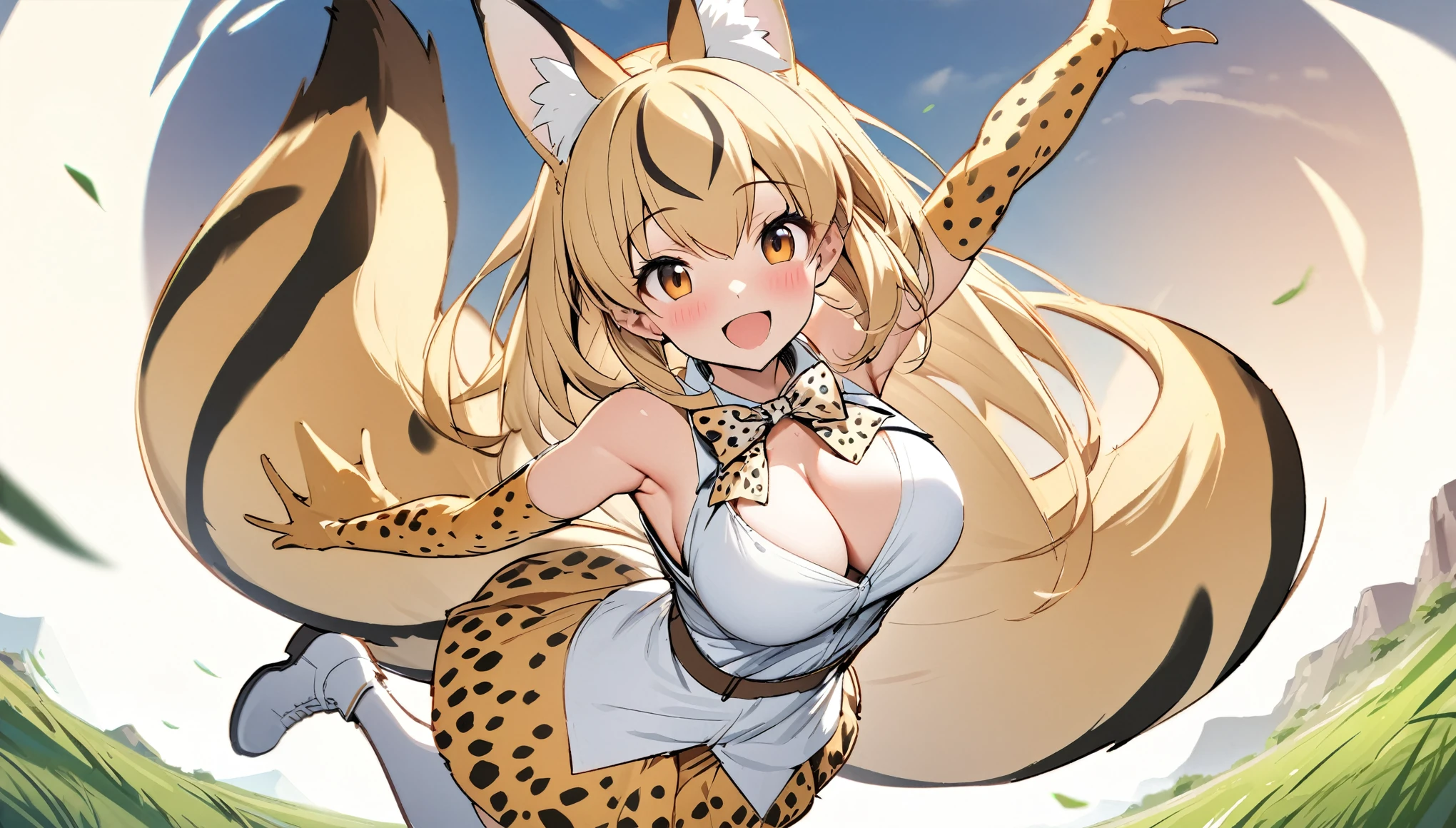(masterpiece, best quality), serval (kemono friends), 1 girl, solo, breasts, looking at viewer, blush, smile, green eys, open mouth, very long hair, blonde hair, multi colored hair, jumping ,bangs, skirt, grass land, trees , mountain , shirt, thighhighs, gloves, bow, animal ears, large breasts ,bare shoulders, tail, full body, white shirt, :d, boots, sleeveless, elbow gloves, bowtie, armpits, sketch, sleeveless shirt, white footwear, white bow, extra ears, high-waist skirt, white bowtie, serval print, print skirt, print bow, print gloves, striped tail, print bowtie, two-tone bowtie,((( open front of the shirt chest very wide)))