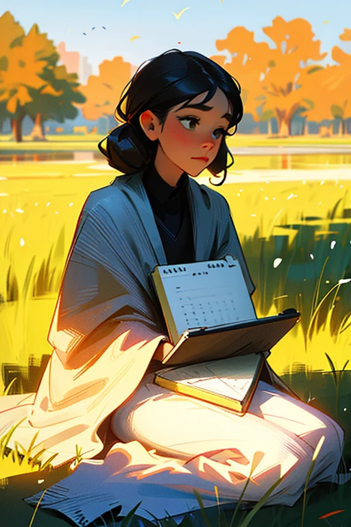 herself in the peaceful environment, oblivious to the passing of time. The adult Gwen Tennyson, with a quirky hairstyle and an earth-toned ensemble, sits serenely on the grassy bank of a quiet pond during a serene morning. The sun rises behind her, casting a warm glow on her face, highlighting the playful strands of her hair. A gentle breeze rustles the leaves nearby, providing a soothing ambience that wraps around her like a comforting blanket. In her hands, she cradles a worn-out sketchbook and a pencil, diligently capturing the tranquil scene before her. Gwen's thoughtful