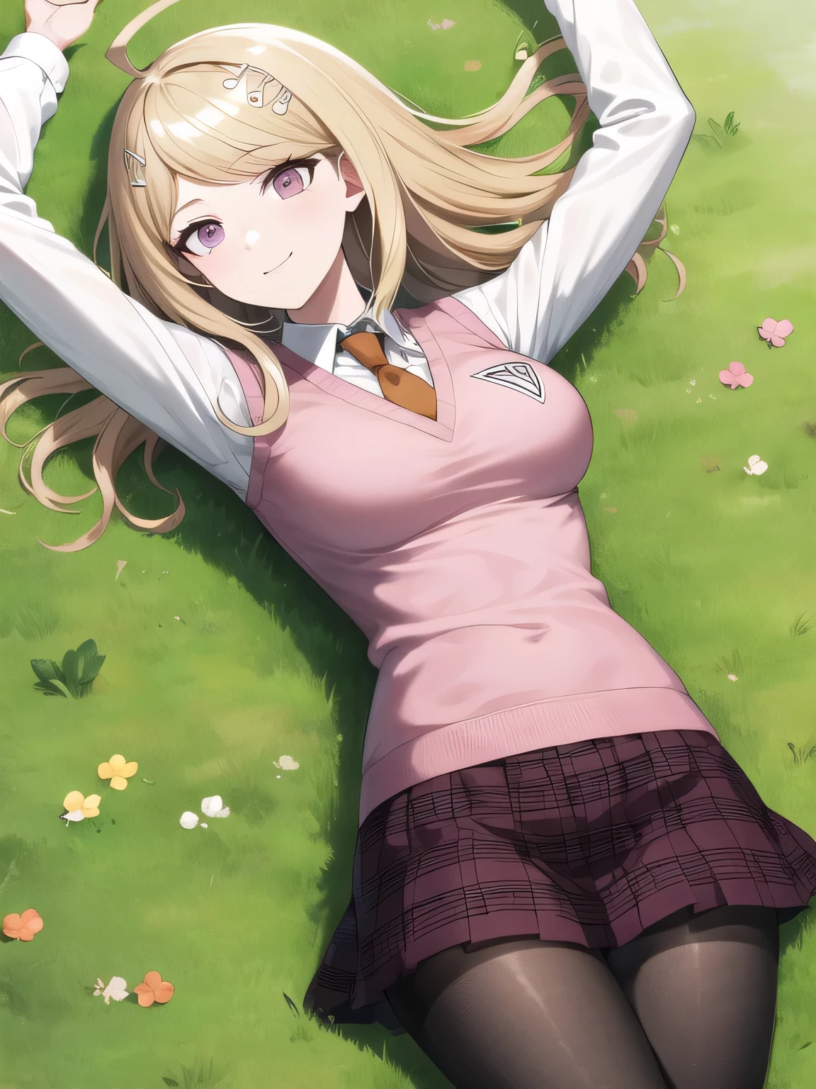 masterpiece, best quality, highres, aakaede, long hair, ahoge, hair ornament, breasts, , necktie, pink vest, sweater vest, collared shirt, long sleeves, pleated skirt, purple skirt, print skirt, pantyhose, closed mouth, solo, spread arms, arms up, smile, lying, on back, on grass, looking at viewer, solo, in the center, (cowboy shot: 1.3), high quality,