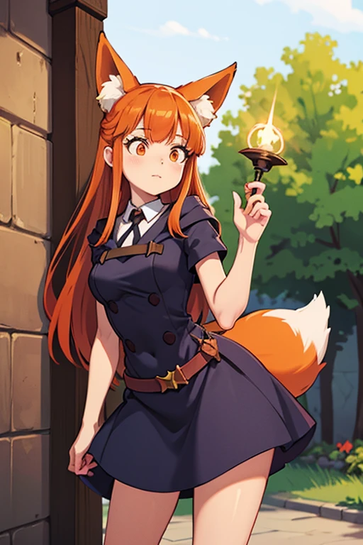 An orange haired female witch with copper eyes and hourglass figure with orange fox ears and an orange fox tail in a conservative ta witch dress is practicing magic in the early morning