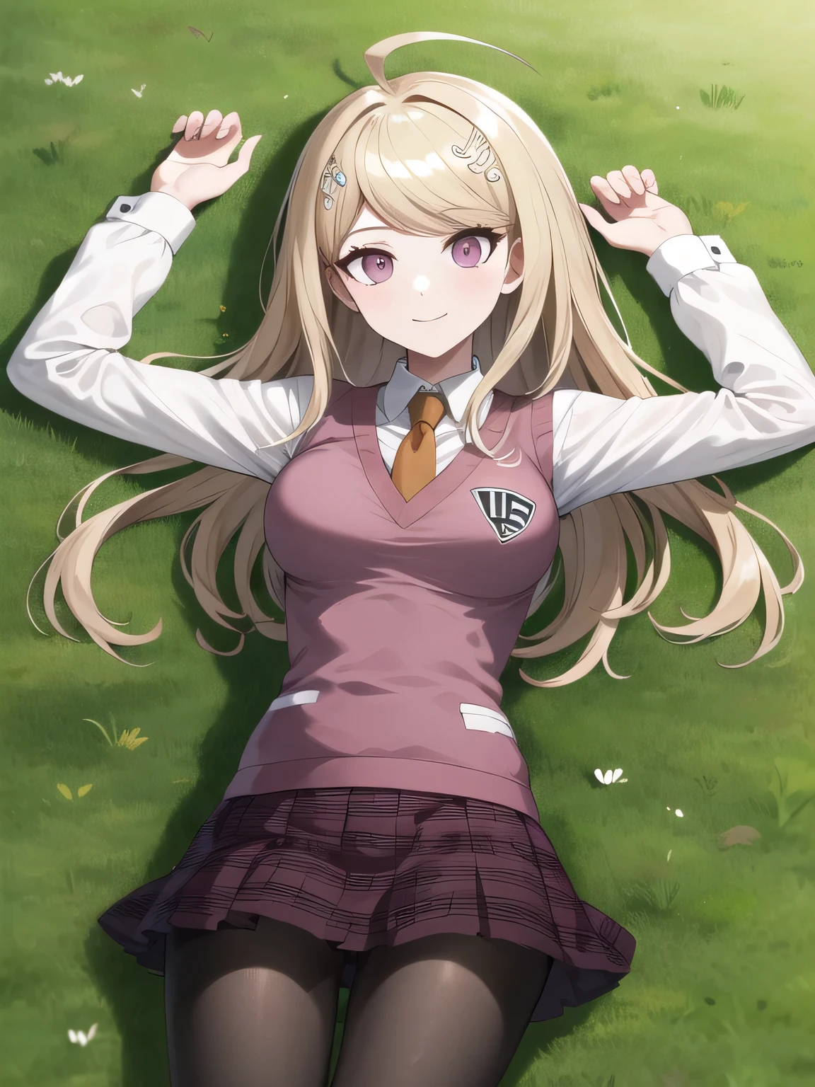 masterpiece, best quality, highres, aakaede, long hair, ahoge, hair ornament, breasts, , necktie, pink vest, sweater vest, collared shirt, long sleeves, pleated skirt, purple skirt, print skirt, pantyhose, closed mouth, solo, spread arms, arms up, smile, lying, on back, on grass, looking at viewer, solo, in the center, (cowboy shot: 1.3), high quality,