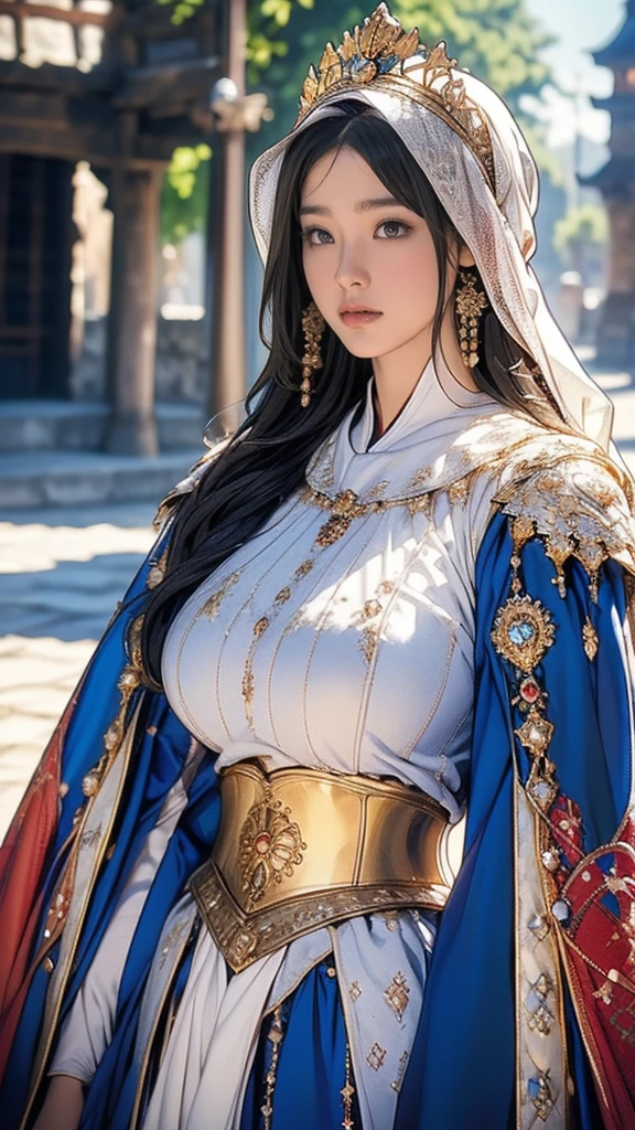 Wearing a headscarf , Luxury Turban Crown , black hair, Around 15 years old, (Gold and silver headscarf), masterpiece,best quality,High resolution,8K,((portrait)),(Half body),original photo,real picture,digital photography,(Medieval fantasy style girl princess), sexy princess , super huge breasts, Big round breasts,((blush)),(medieval fantasy dress,Beautiful extra large round breasts, small waist, Perfect for a princess figure, Blue delicate pattern,red cloak),(prince medieval character medieval fantasy style,oc render reflection texture, Fighting Style, Sexy big breasts , Medieval Castle Background, because I'thin, very small waist, ((15 year old Japanese girl、Cute type)), (((Beautiful bust shape)))