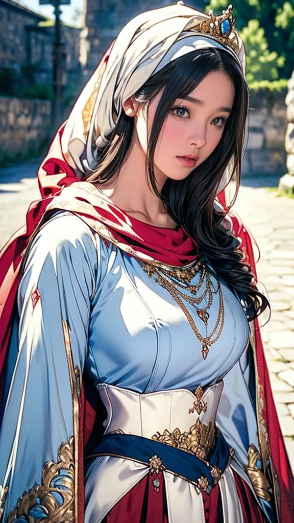 Wearing a headscarf , Luxury Turban Crown , black hair, Around 15 years old, (Gold and silver headscarf), masterpiece,best quality,High resolution,8K,((portrait)),(Half body),original photo,real picture,digital photography,(Medieval fantasy style girl princess), sexy princess , super huge breasts, Big round breasts,((blush)),(medieval fantasy dress,Beautiful extra large round breasts, small waist, Perfect for a princess figure, Blue delicate pattern,red cloak),(prince medieval character medieval fantasy style,oc render reflection texture, Fighting Style, Sexy big breasts , Medieval Castle Background, because I'thin, very small waist, ((15 year old Japanese girl、Cute type)), (((Beautiful bust shape)))