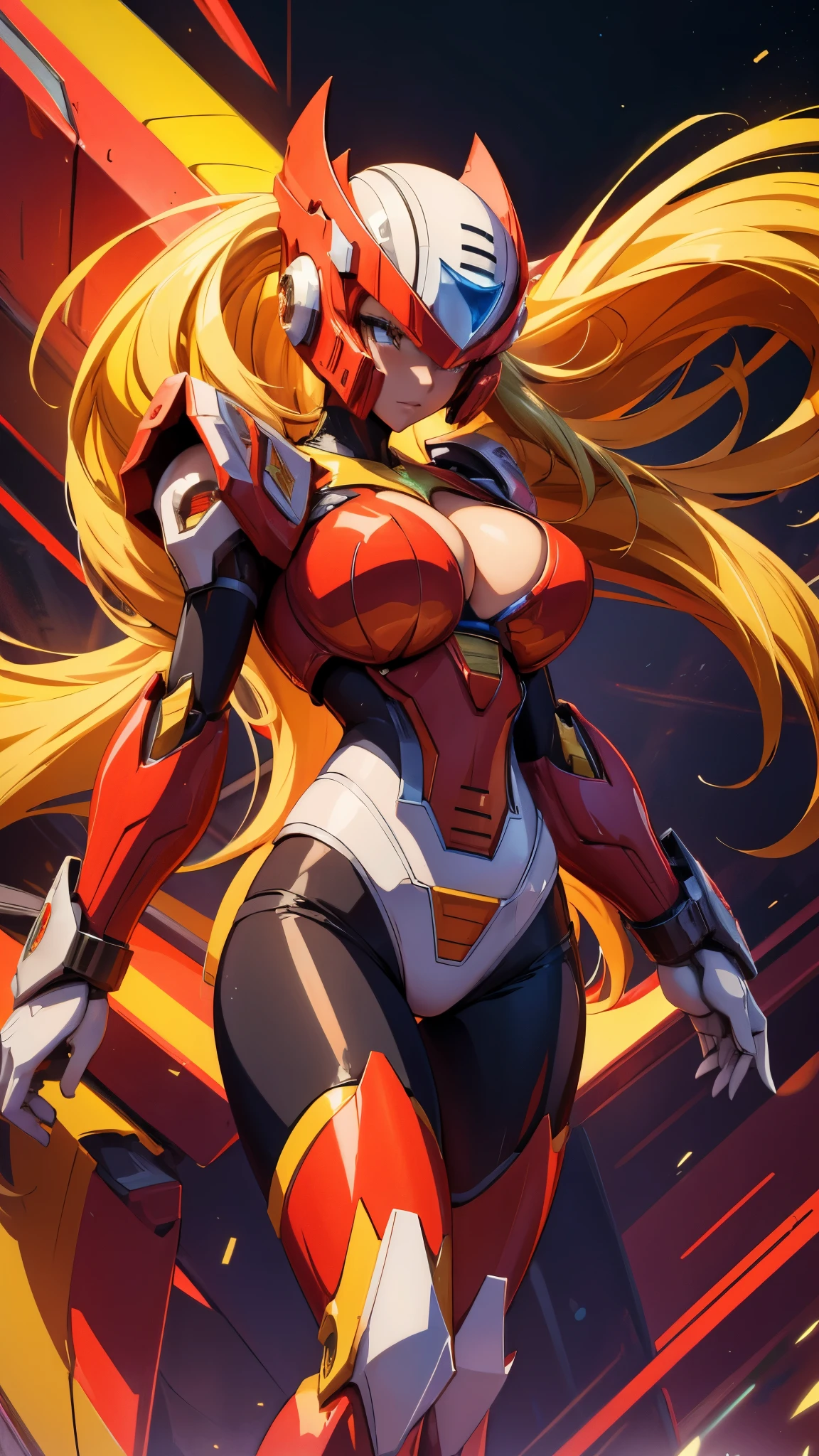 A beautiful woman, 1 girl, (( mecha)), sexy body figure, long legs, large breasts, (cleavage), busty, beautiful face, Vanessa Kirby, milf, age 28, royal, long blonde color hair, pony tail, helmet, fine armor, futuristic armor, sci fi, intricate armor details, red and black color armor, night time, dark city, neon lights, a woman, in a dynamic pose, designed by Gucci::3, tumblr, (inspired by Yanjun Cheng style), digital art, meme lofi internet girl, trend in dezeen, catalog photo, 3 d render beeple, rhads and lois van baarle, cartoon style illustration, (bright pastel colors), a beautiful art illustration, anime girl --ar 2:3 --q 2