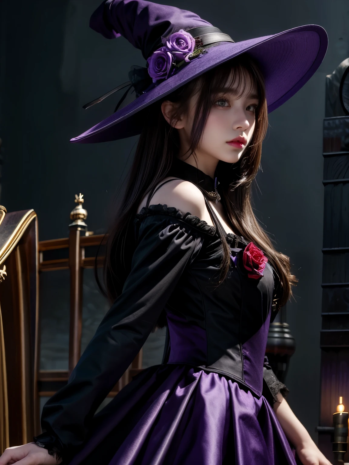 a beautiful girl, perfect face, Put your arms by your sides, masterpiece, ultra high resolution, high quality, 4K, Upper body:1.5,  Lisa (Genshin Impact), urple witch hat, green eyes, brown hair, (Pure love face_v1:0.008), (European:1.6), Bangs, skirt, Rose, jewelry, witch, Capulet, Purple tiara, black gloves, purple flower, hair between eyes, purple Rose, open lips, purple Capulet, Hat Flower, multicolored skirt, hair accessories,  windmill, from the side,
