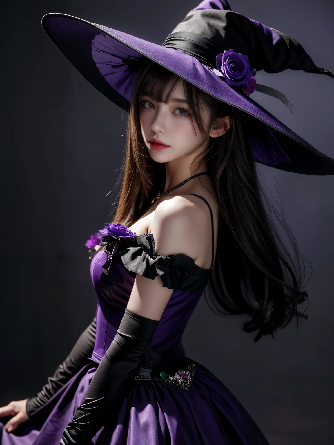 a beautiful girl, perfect face, Put your arms by your sides, masterpiece, ultra high resolution, high quality, 4K, Upper body:1.5, Lisa (Genshin Impact), urple witch hat, green eyes, brown hair, (Pure love face_v1:0.008), (European:1.6), Bangs, skirt, Rose, jewelry, witch, Capulet, Purple tiara, black gloves, purple flower, hair between eyes, purple Rose, open lips, purple Capulet, Hat Flower, multicolored skirt, hair accessories, windmill, from the side,