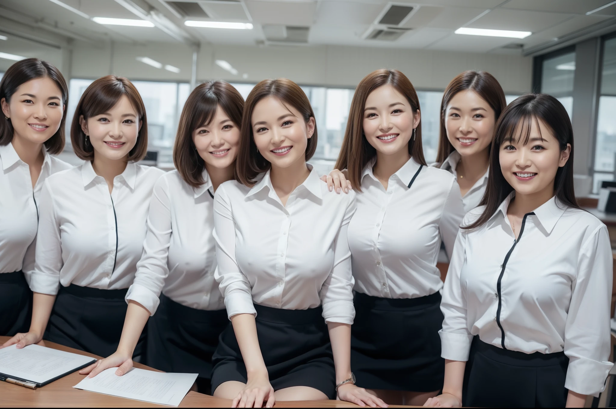 ((Best Quality, 8k, Masterpiecedetails, ultra-high resolution)), (group picture),(looking at the viewer), (full shot:), attractive business 5 milfs, 5 people, a bit chubby:0.25, seductive expression, white collared shirt, grey skirt, (sitting with cross legs on office desks)), smile, office of CEO,