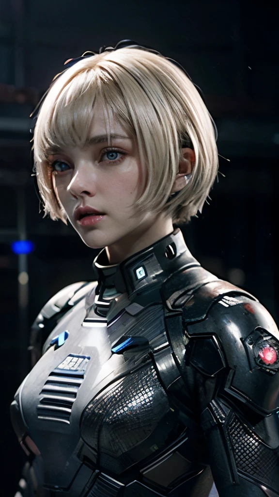 A short straight blonde haired british girl, bang, bob cut, blue eyes, , young, pale skin, frightened, insecure expression, Ultra high res, uhd, (photorealistic:1.4), doll-like face, outdoor, futuristic environment, she is a  futuristic lethal enforcer, carrying a laser gun