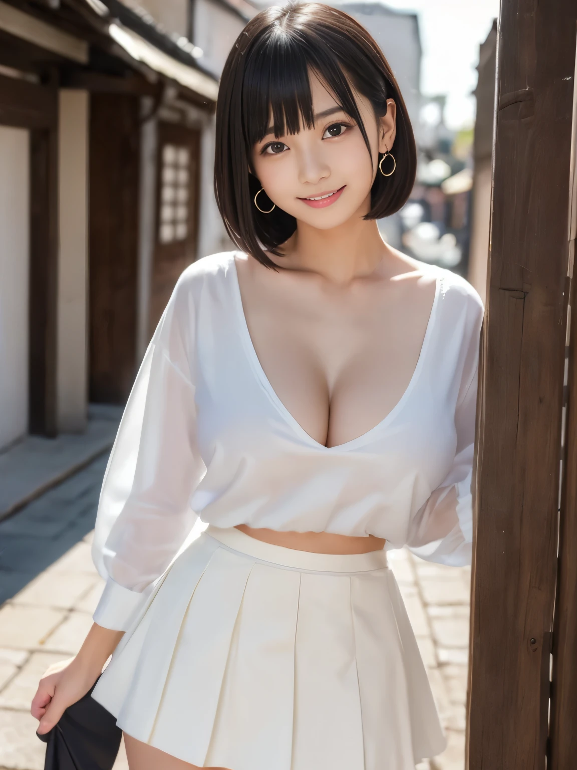 (Masterpiece, Best-quality, RAW-photo, Ultra-High-Resolution, Photorealistic, Very realistic human skin, Sense of reality, Anatomically correct, detailed fingers, NSFW), 
(Thin waist and busty style body, Cleavage, teat, Covered nipple, nipple slip, 17-years-old, Realistic Japanese girl, short height), 
((white blouse, skirt, skirt lift:1.3)), 
((full length, standing, See photographer, look at viewer, pinch hem of skirt:1.3)), 
(maiko, Round face, Black hair, Black eyes, Moist eyes, Shining eyes, Short bob cut, Bangs, Down-slating eyebrows, one little earring), 
(goddess smile, stick out tongue), 
(narrow alley)
bright lighting