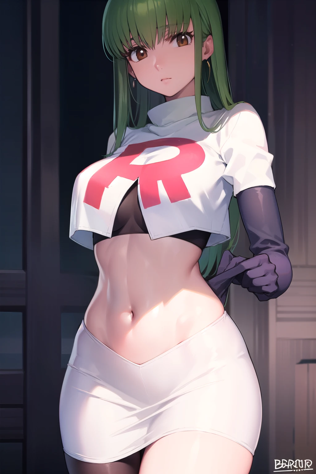 codegeasscc, cc, (brown eyes:1.5), green hair, long hair, straight hair, purple earrings
BREAK team rocket,team rocket uniform,white skirt,red letter R,crop top,black thigh-highs,black elbow gloves
BREAK looking at viewer, (cowboy shot:1.5),
BREAK (masterpiece:1.2), best quality, high resolution, unity 8k wallpaper, (illustration:0.8), (beautiful detailed eyes:1.6), extremely detailed face, perfect lighting, extremely detailed CG, (perfect hands, perfect anatomy),