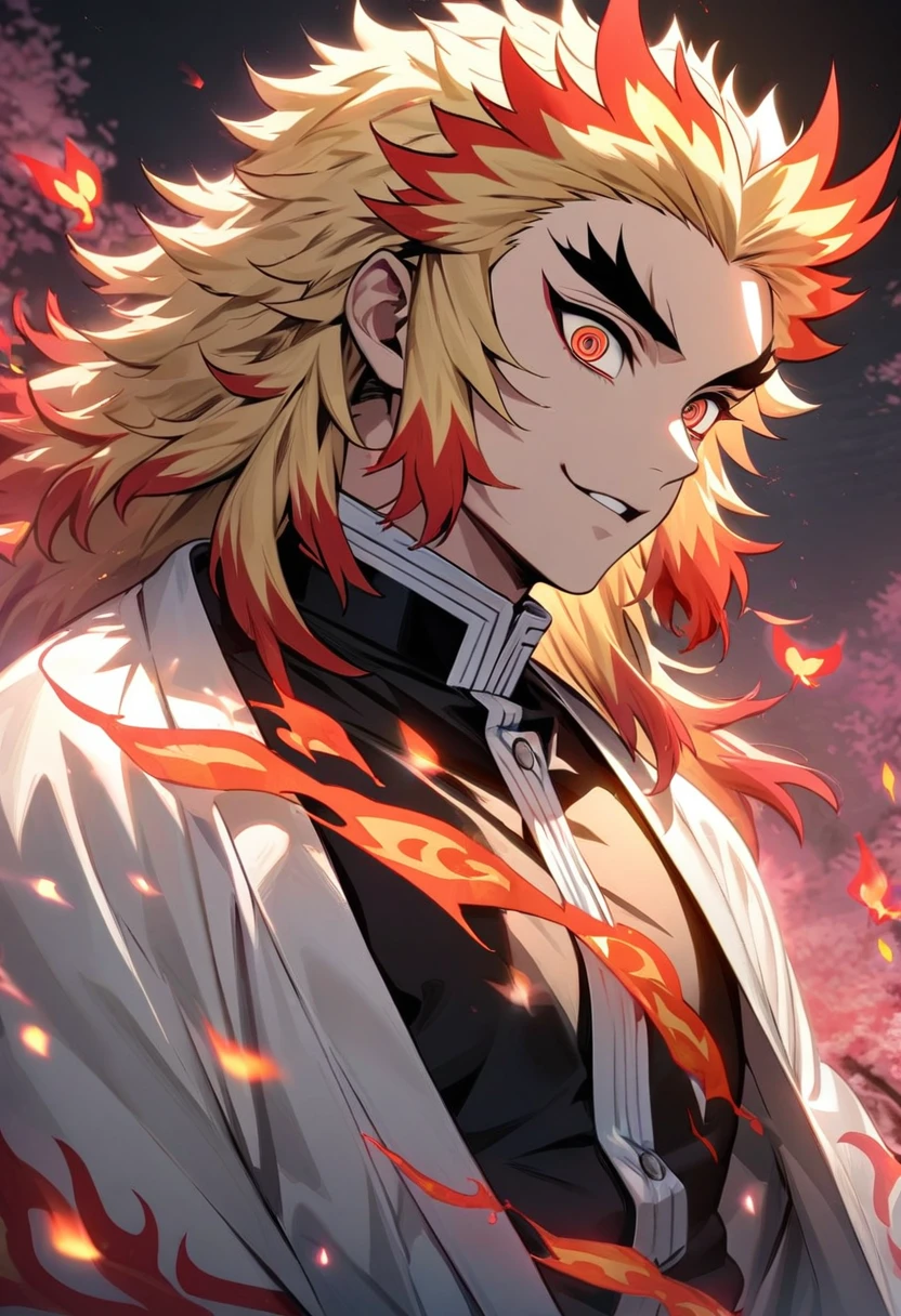 Ultra detailed, Highres, absurdres, HDR, Rengoku, blonde hair with red strikes, Kimetsu No Yaiba, white haori with flames patterns, black demon uniform, flames around his body, flame butterflies, pink forest, 1 man only, handsome,