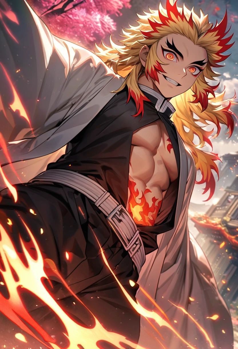 Ultra detailed, Highres, absurdres, HDR, Rengoku, blonde hair with red strikes, Kimetsu No Yaiba, white haori with flames patterns, black demon uniform, flames around his body, flame butterflies, pink forest, 1 man only, handsome,