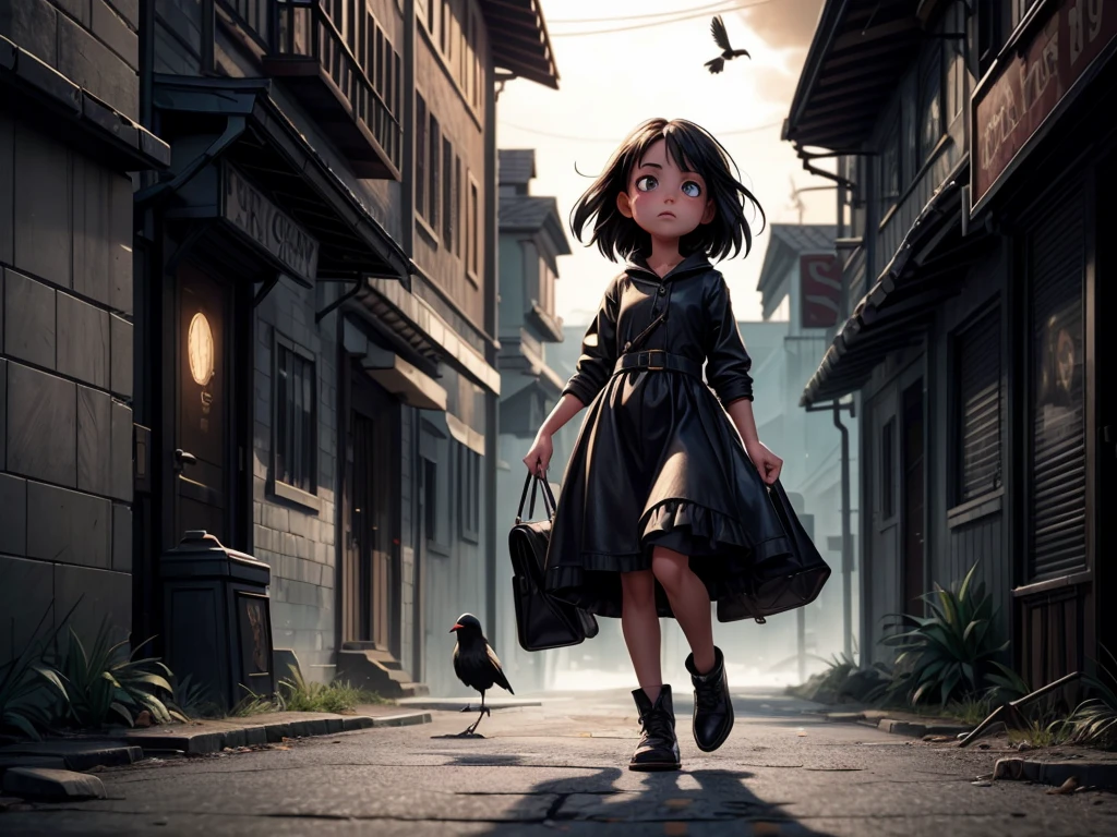 a girl walking alone in a dark alley, surrounded by menacing crows, with their beaks bared and feathers ruffled, the girl's eyes filled with fear, her face reflecting the intense emotions, the crows' feathers are pitch black and glossy, their eyes shining with an eerie glow, the alley is dimly lit, casting long shadows on the ground, the girl's body language shows her vulnerability, as she clutches her bag tightly, the cawing of the crows fills the air, creating a sense of impending danger, the scene is rendered in a hauntingly realistic style, with high contrast and deep shadows, the colors are desaturated, except for the girl's vivid red dress, which adds a striking focal point to the composition, the lighting is dramatic and moody, with a spotlight casting a pale glow on the girl, highlighting her fear-stricken expression, the overall atmosphere is one of suspense and mystery. (best quality,ultra-detailed,realistic:1.37),horror,dark,menacing,crows,alley,girl,fear,vulnerable,tension,suspense,desaturated colors,dramatic lighting.