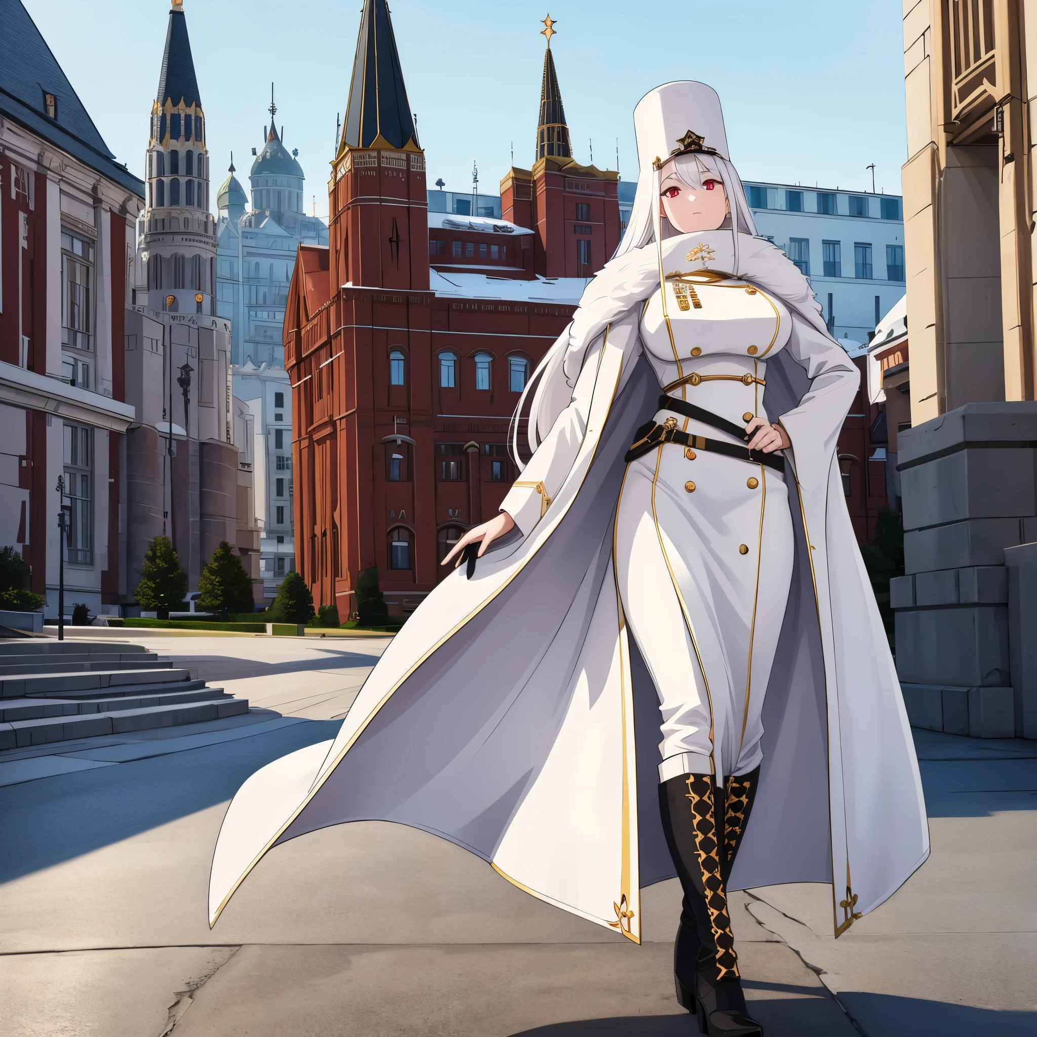 A woman wearing a white military dress, with gold details, wearing a white fur coat, long white hair, red eyes, imperial Russian military hat, black boots, walking through the city of Moscow, Moscow Palace in the background.(just a girl, solo) ultra resolution, very detailed, HDR, masterpiece, 8K hd