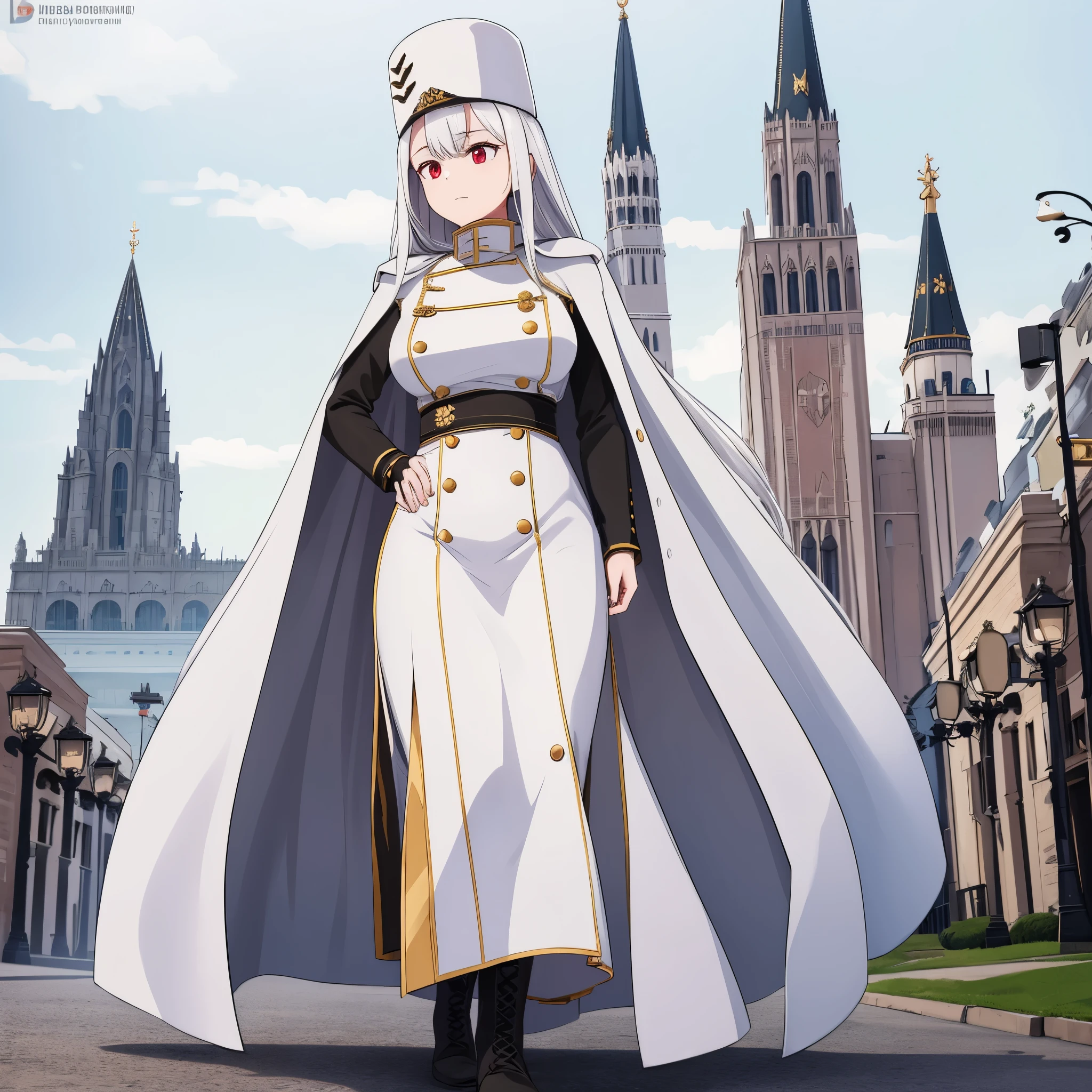 A woman wearing a white military dress, with gold details, wearing a white fur coat, long white hair, red eyes, imperial Russian military hat, black boots, walking through the city of Moscow, Moscow Palace in the background.(just a girl, solo) ultra resolution, very detailed, HDR, masterpiece, 8K hd