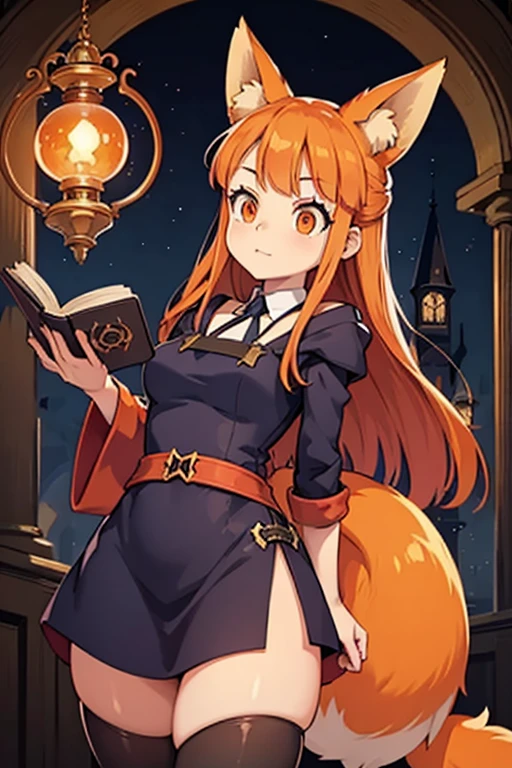 An orange haired female witch with copper eyes and hourglass figure with orange fox ears and an orange fox tail in a conservative lolita witch dress is reading on the roof.