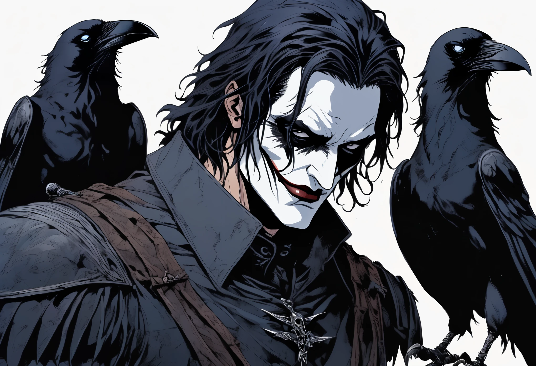 The Crow, Rawness, gothic, original, towering heights, singular, poingant, harsh ink line, cel shading, shades of dark blue to black, The Crow  black fingernails and white skin with a vertical line above his eyes, and horizontal lines extending from his lips that resemble a smile. His skin around the eyes is black, and his eyes are sometimes white. This makeup style is similar to classical makeup. The comic explains that Eric paints his face in the colors of joy, which may indicate that he copied the Greek comedy masquerade mask. 
