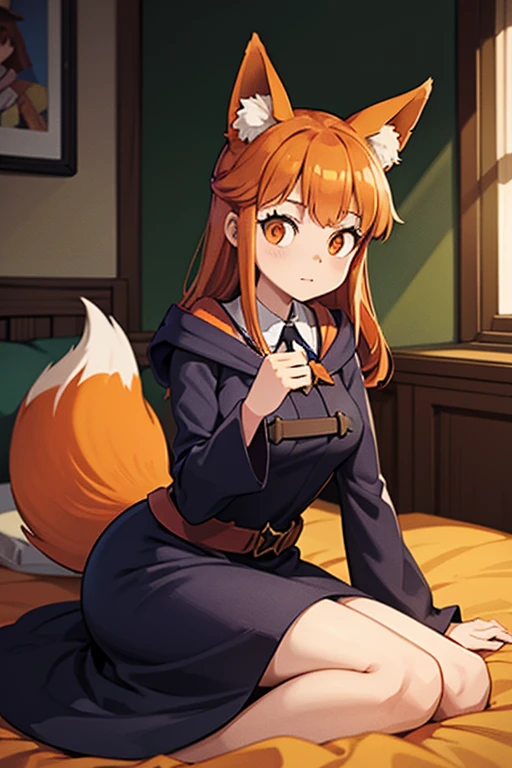 An orange haired female witch with copper eyes and hourglass figure with orange fox ears and an orange fox tail in a conservative lolita witch dress is studying on a bed in the dorm