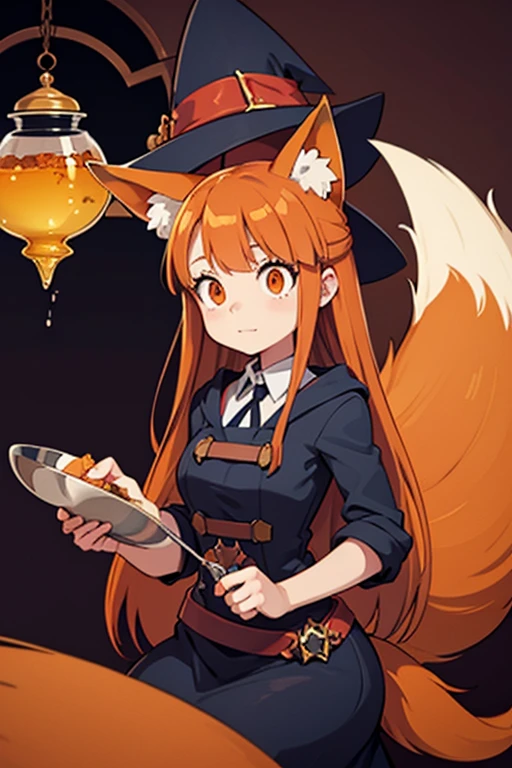 An orange haired female witch with copper eyes and hourglass figure with orange fox ears and an orange fox tail in a conservative ta witch dress is making tea
