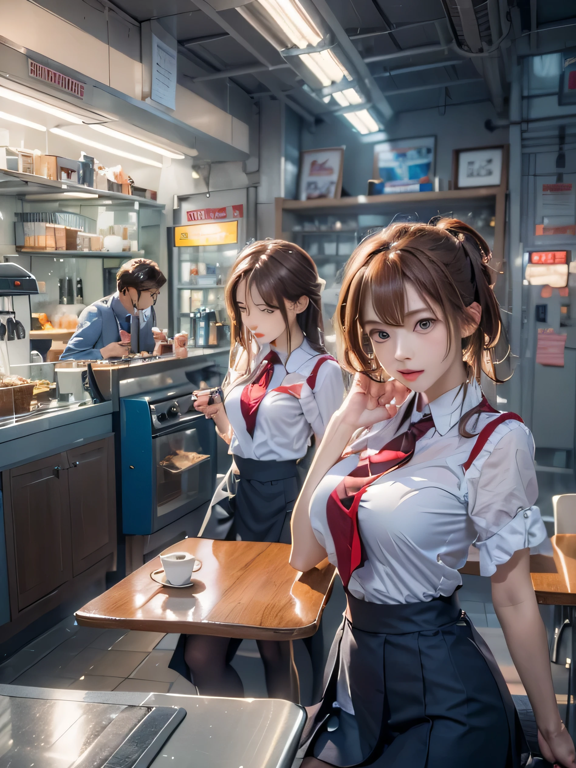 (photorealistic:1.8, highest quality:1.8,8K masterpiece:1.8,High resolution,muste piece:1.8,RAW Photos,cinematic lighting),No split screen, morning、Good Morning、The coffee shop of the future、（23-year-old woman drinking coffee:1.5)、 (Soryu Asuka Langley)、
（choker、beautiful breasts、secretary uniform、white shirt、super mini skirt、beautiful butt,beautiful thighs,plump nipples、cutting edge fashion）、
shortcut、(Beautiful, shining crimson, blue, red, white and brown hair:1.5)、shining blue eyes、thin line、Have fun and laugh