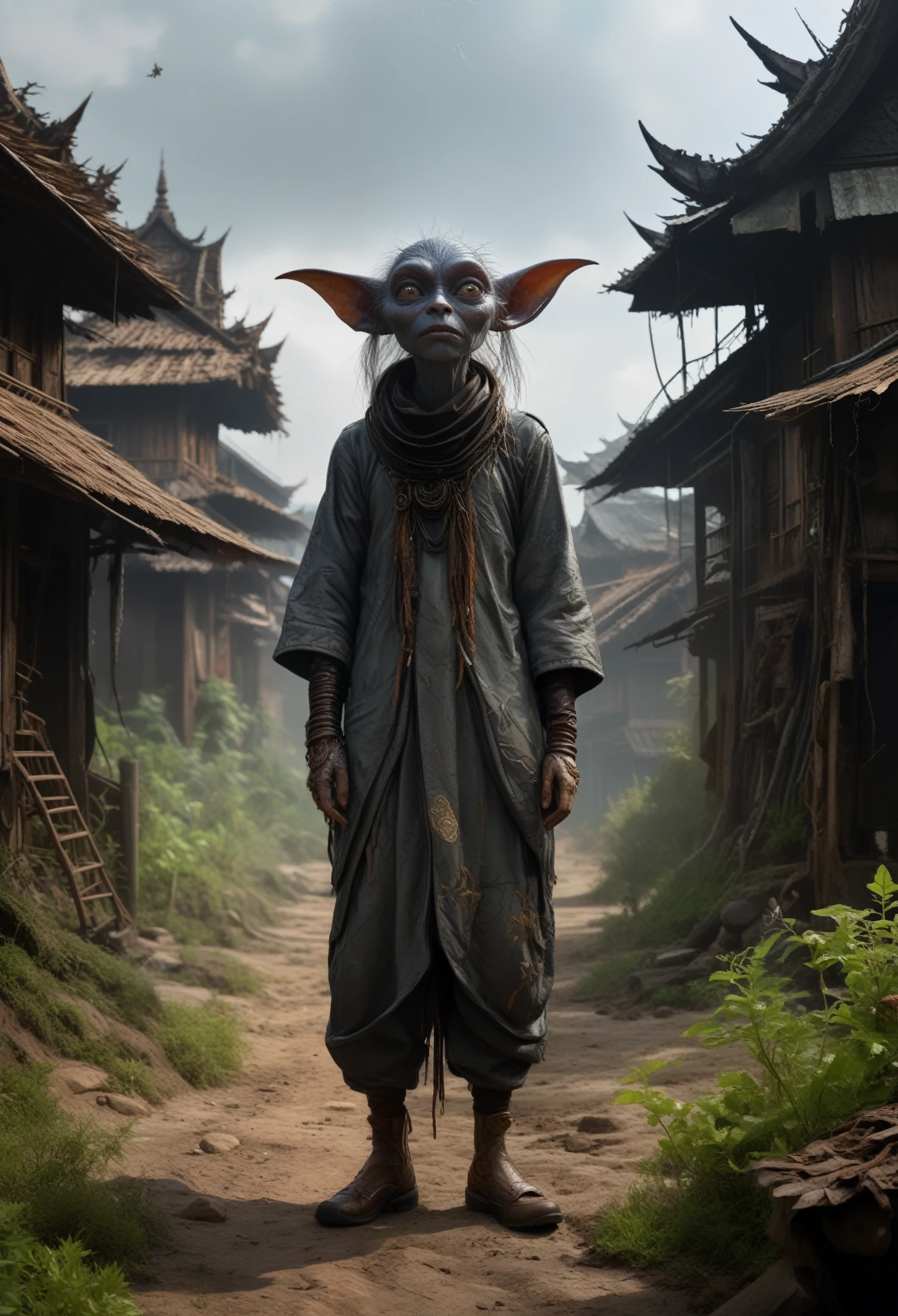 full-body-shot,Very tall , britain,who can't fly,Cinematic, Technicolor,natural skin textures, hyper realisitc, hyper detailed,Extremely detailed,High contrast,Realistic,Iridescent goblin, back view,full body length,evil ghost,Hobgoblin,pretty face,intricate details,realistic humid skin,extremely intricate details,anatomically correct, eyes extremely detailed, high detailed eyes,High contrast,Ultra HD,Retina,HDR,photo,photorealism,Masterpiece, natural skin textures, hyper realism,hyper detailed,High contrast,(HDR:1.4),Realism,Ultra Detailed,irina yermolova, close full body shot,16K resolution,RAW, Nikon Z9,Paul Zizka,full body length,Quartz hobgoblin,native irish,pretty face,eyebrow up,full body shot,ominous landscape,niobium gray atmosphere,by art Simon Stalenhag,Nicola Samori,(((Wangechi Mutu))),prime colors,urban,extremely detailed,masterpiece,intricate details,faded,eyes extremely detailed, high detailed eyes,4k resolution,RAW, Nikon Z9,scary village,stalker,Bagan of Myanmar,islands levitating above ground