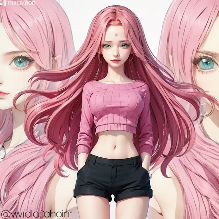 young woman, short shoulder-length pink hair, wide forehead, porcelain skin, pink eyebrows, big emerald green eyes, buttoned nose, full lips, heart-shaped face, slender body, small breasts, red tank top, Sakura Haruno , realistic, realism, details, 3d, well detailed
