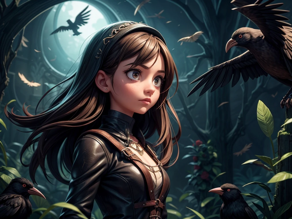 a girl being attacked by crows,an eerie garden,ominous vibe,dark and mysterious,illustration medium,detailed feathers and beaks,dark gothic atmosphere,vivid colors,harsh lighting,photorealistic,sharp focus,emotionally intense,haunting scene,terrified expression,feathers swirling in the air,unsettling composition