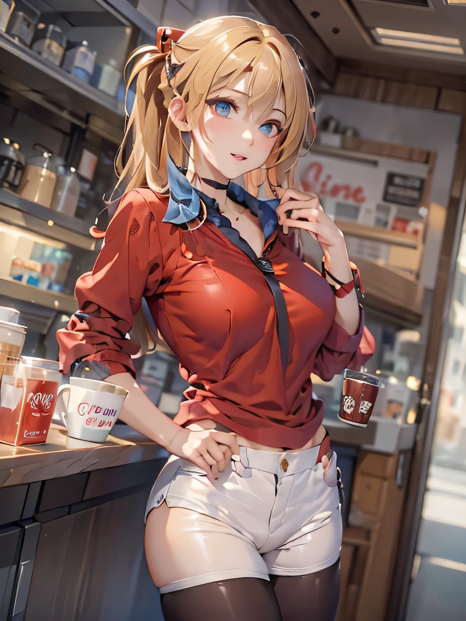 (photorealistic:1.8, highest quality:1.8,8K masterpiece:1.8,High resolution,muste piece:1.8,RAW Photos,cinematic lighting),No split screen, morning、Good Morning、The coffee shop of the future、(A 23-year-old female clerk brewing coffee:1.5)、photo seen from behind、(Soryu Asuka Langley)、
(choker、beautiful breasts、shirt、Denim Micro Shorts、beautiful butt,beautiful thighs,plump nipples、cutting edge fashion)、
shortcut、(Beautiful, shining crimson, blue, red, white, blonde hair:1.5)、shining blue eyes、thin line、Have fun and laugh