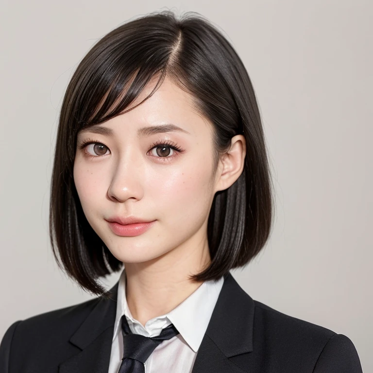 (kawaii 24 year-old Japanese girl, Nogizaka idol, Korean idol), (glossy black hair, very short hair, symmetric hair length, even hair length:1.3), (forehead), (rounded face, black eyes, single eyelid, no makeup, relaxed expression:1.2), (wearing blazer jacket, collared shirt, necktie:1.3), flat chest, extra small breasts, (looking straight at camera:1.2), BREAK, (simple white background:1.3), (view from straight forward, portrait, id photo:1.3), face focus, BREAK, (masterpiece, best quality, photo realistic, official art:1.4), (UHD, 8K quality wallpaper, high resolution, raw photo, golden ratio:1.2), (shiny skin), professional lighting, physically based rendering, award winning, (perfect anatomy, highly detailed skin, extremely detailed face and eyes), Carl Zeiss 85 mm F/1.4, depth of field, 1girl, solo,