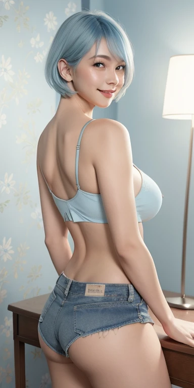 1 girl , short hair,  light blue hair, camisole, crop top, , Short jeans, underwear, ass showing, thigh, Smile, happy, blush, tilt head, looking at camera, luminescent, side light, wallpaper,beautiful breasts、huge breasts:1.4，plump breasts