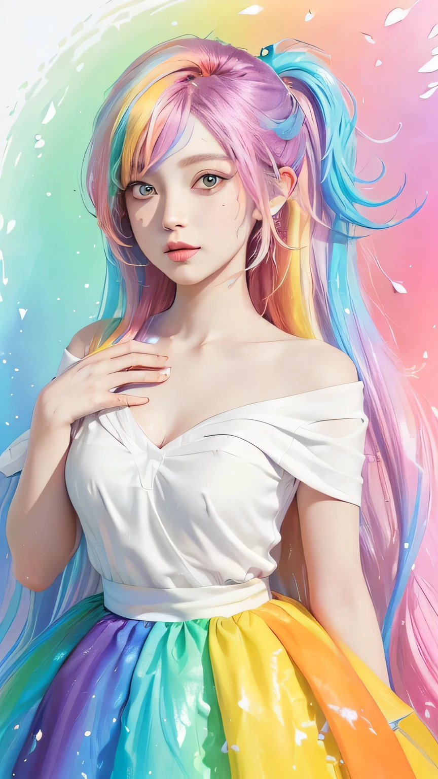 (Pink fashion T-shirt:1.9),(colorful hair: 1.8), (All colors of the rainbow: 1.8),(((((vertical drawing:1.6))), (drawing:1.6),front, comics, illustrations, drawings, big eyes, crystal clear eyes,( Rainbow gradient high ponytail:1.7), Exquisite makeup, Keep your mouth shut,(Little fresh: 1.5),(Wipe Chest: 1.6) ,long eyelashes, White off-shoulder T-shirt, white shoulder shirt,looking at the audience, watery big eyes, (rainbow colored hair:1.6), Color splash, (alone:1.8), Color splash, color explosion, thick draw style, messy lines, ((shining)),(rich and colorful), (rich and colorful), (rich and colorful), rich and colorful, Thick draw Style, (splash) (Color splash), Vertical drawing, Upper body, draw splash, acrylic paint, slope, draw, Highest image quality, best quality, masterpiece, alone, depth of field, Face draw, rich and colorful clothes, (elegant: 1.2), Gorgeous,long hair, Wind, (elegant: 1.3), (petal: 1.4),(((masterpiece))),(((best quality))),((Super detailed)),(illustration),(Dynamic angle),((floating)),(draw),((disheveled hair)),(alone),(1 girl) , (((Detailed anima face))),((Beautiful and delicate face)),collar,bare shoulders,white hair, ((rich and colorful hair)),((striped hair)),Beautiful and delicate eyes,(slope color eyes),(((rich and colorful eyes))),(((rich and colorful background))),(((high saturation))),(((surrounded by rich and colorful splashes))),((The hands must be detailed))