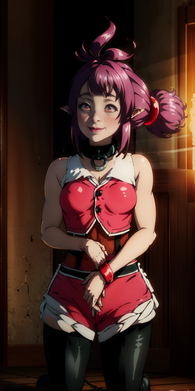 Latex girl lustful smirking smile red blush red cheeks, chain leash, hands behind the head, kneeling, shackles, leather black collar slave, 2 high ponytails, female lighting ✨️ 👌 💯 💛 😍 😌, hands on hips, clenching fist 👊 ✊️ 