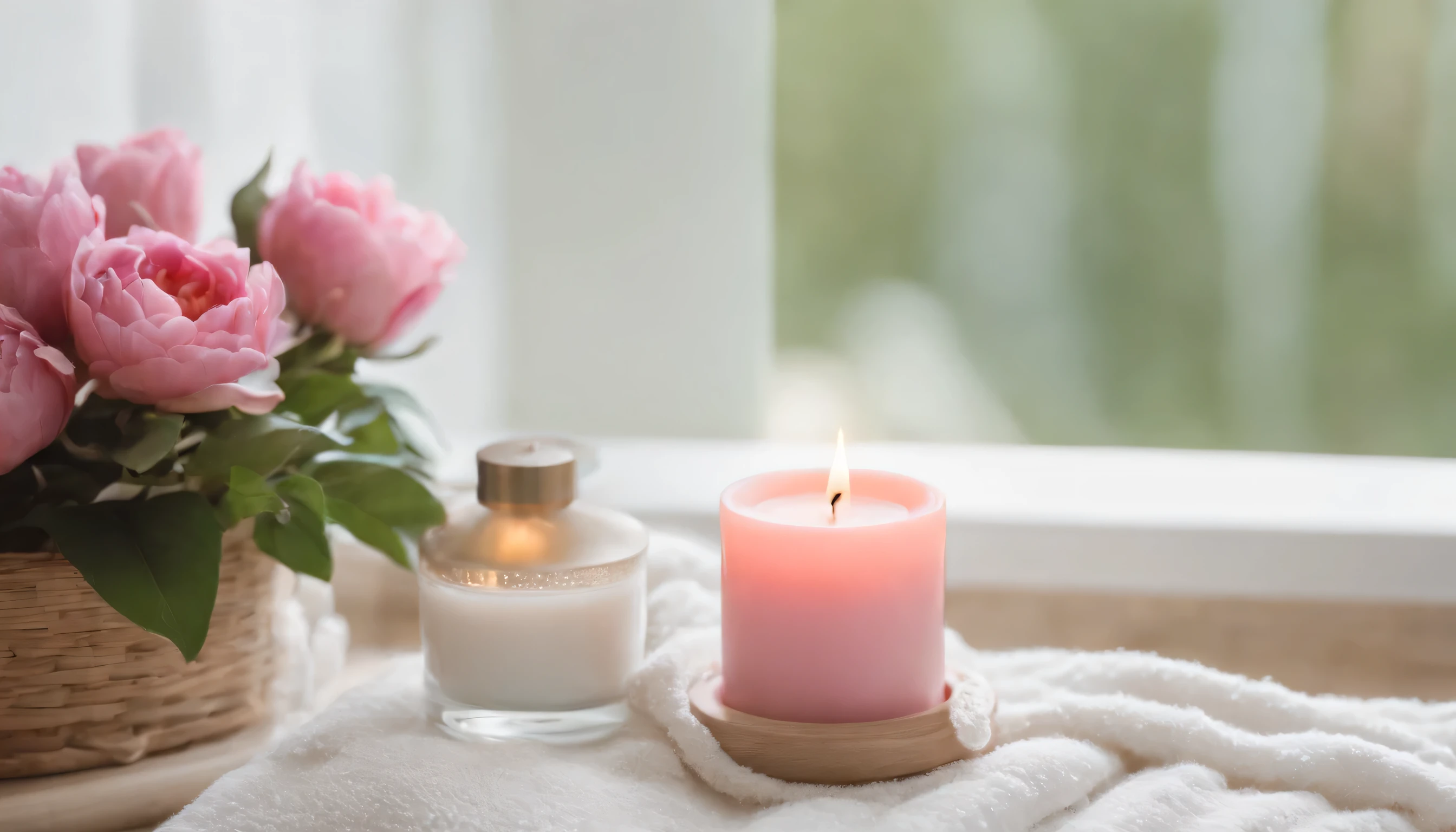 Luxury SPA atmosphere, candle commercial photography, live action, HD, masterpiece, movie style, on the lawn, fluffy rug, fluffy towel, cushion, candle, pink flowers, plants, sunny sky, soothing space, A nice scent, a glass bottle, relaxing, the morning sun, no one around.