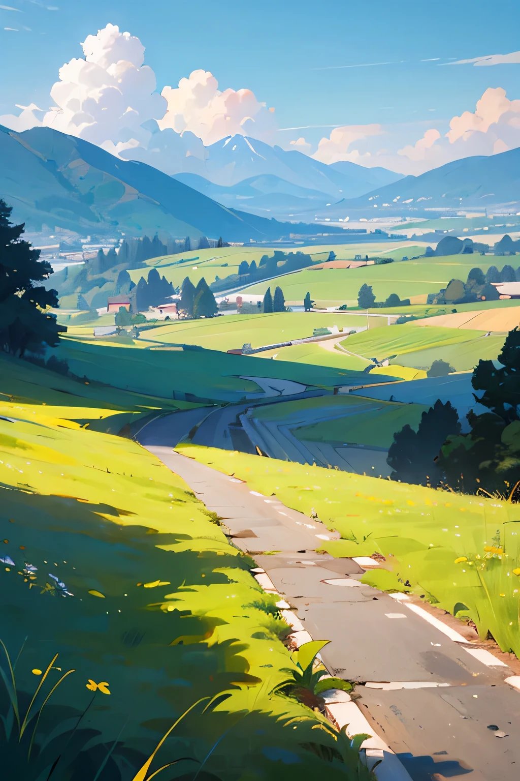 sun shining,sun,distant mountains,early morning,The road stretching into the distance,The road is bright,hillside meadow,cure,masterpiece, best quality,no characters,blue sky,Baiyun,green grass,Follow the light,Sincerity and courage,no shadow,perfect composition