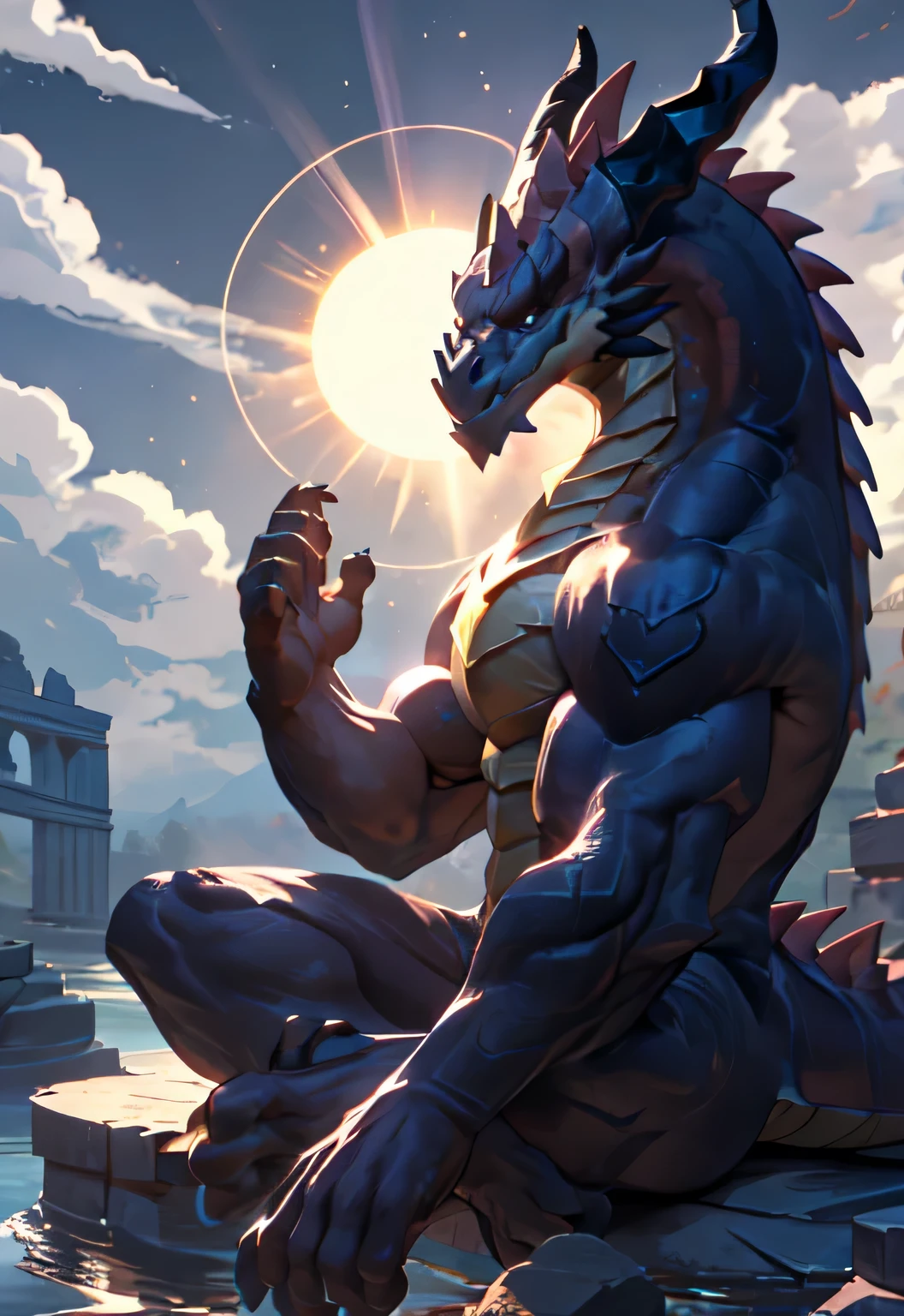 dragon,alone,paw,teeth,crawler,chest muscles, peak, teethAdult,alone,dragon tail,sit down,meditate,4K,best quality,HD,whole body,paw,naked,looking at the audience,chest muscles, pink nipples, Six-pack abs,biceps,pride,soft shadow,majestic,Detailed face,HD eyes,keen vision,eyes sparkling,Gorgeous,brave,confident smile,Strong,Mature,wilderness,ruins,river,Blue sky and white clouds,The sun shines，