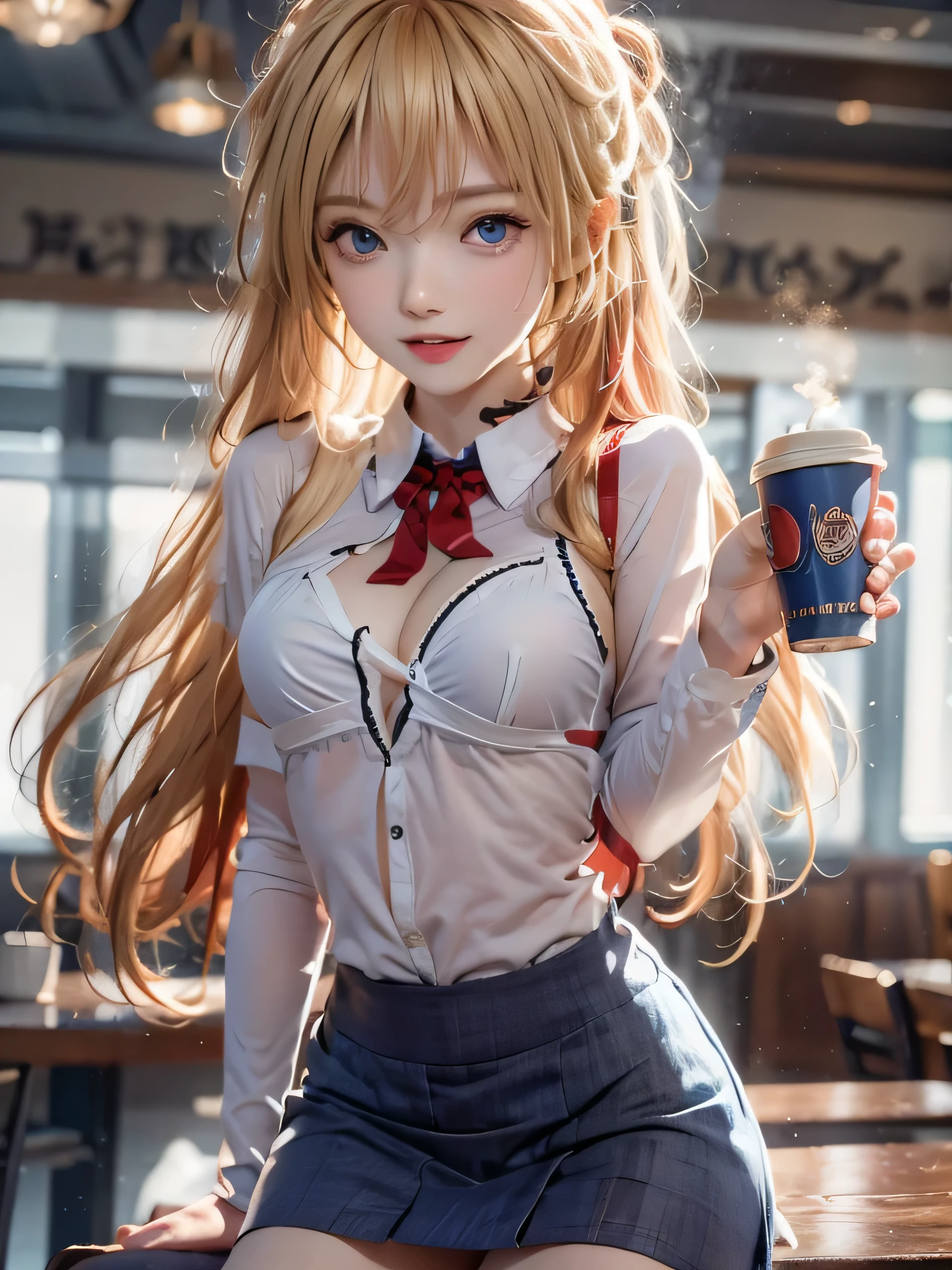 (photorealistic:1.8, highest quality:1.8,8K masterpiece:1.8,High resolution,muste piece:1.8,RAW Photos,cinematic lighting),No split screen, morning、Good Morning、The coffee shop of the future、(23-year-old woman drinking coffee:1.5)、 (Soryu Asuka Langley)、
(choker、secretary uniform、white shirt、mini skirt、beautiful butt,beautiful thighs、beautiful breasts、plump nipples、cutting edge fashion)、
shortcut、(Beautiful, shining crimson, blue, red, white, blonde hair:1.5)、shining blue eyes、thin line、Have fun and laugh