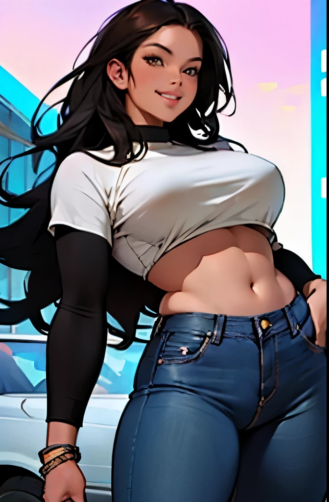 (best quality, masterpiece:1.2), Sketch full view of a hot looking fair skin 29 year old woman standing in front of us. She has brown eyes and long straight black hair. She has big breasts, playful smile. She has a nice curvy physique. She is wearing a crop top and lowrider jeans. Apartment background. Shading. Lighting. Dynamic pose.