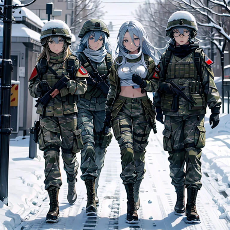 A group of  female soldiers, (in snow storm), various hair styles, tank top, harem, beautiful leg, midriff, camouflage military trousers, showings off armpits, seducing, bdsm, dirty, grabbing breast