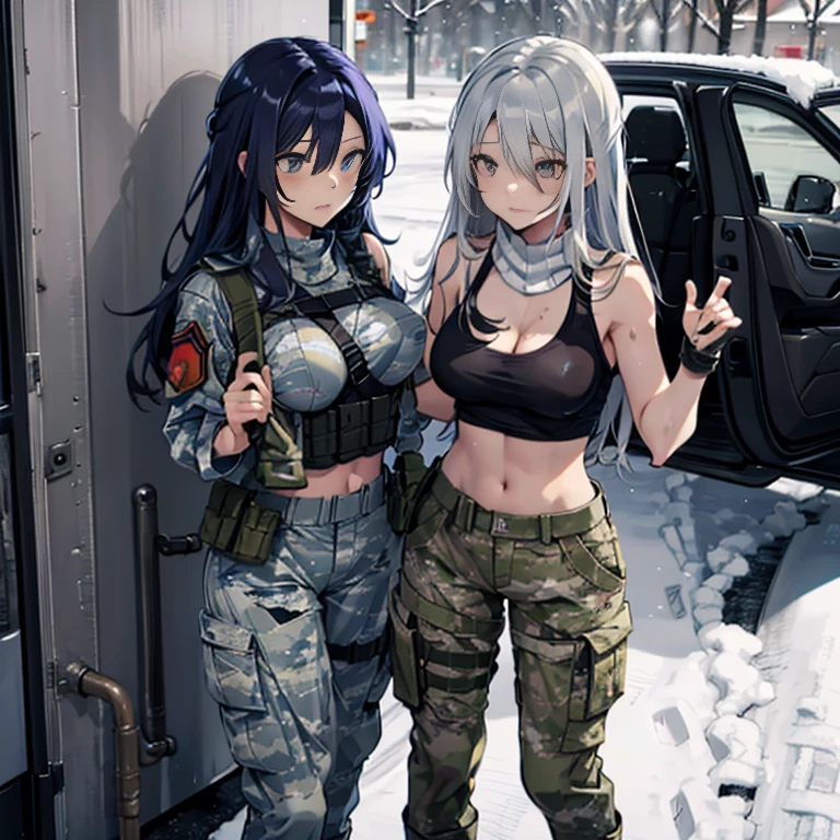 A group of  female soldiers, (in snow storm), various hair styles, tank top, harem, beautiful leg, midriff, camouflage military trousers, showings off armpits, seducing, bdsm, dirty, grabbing breast