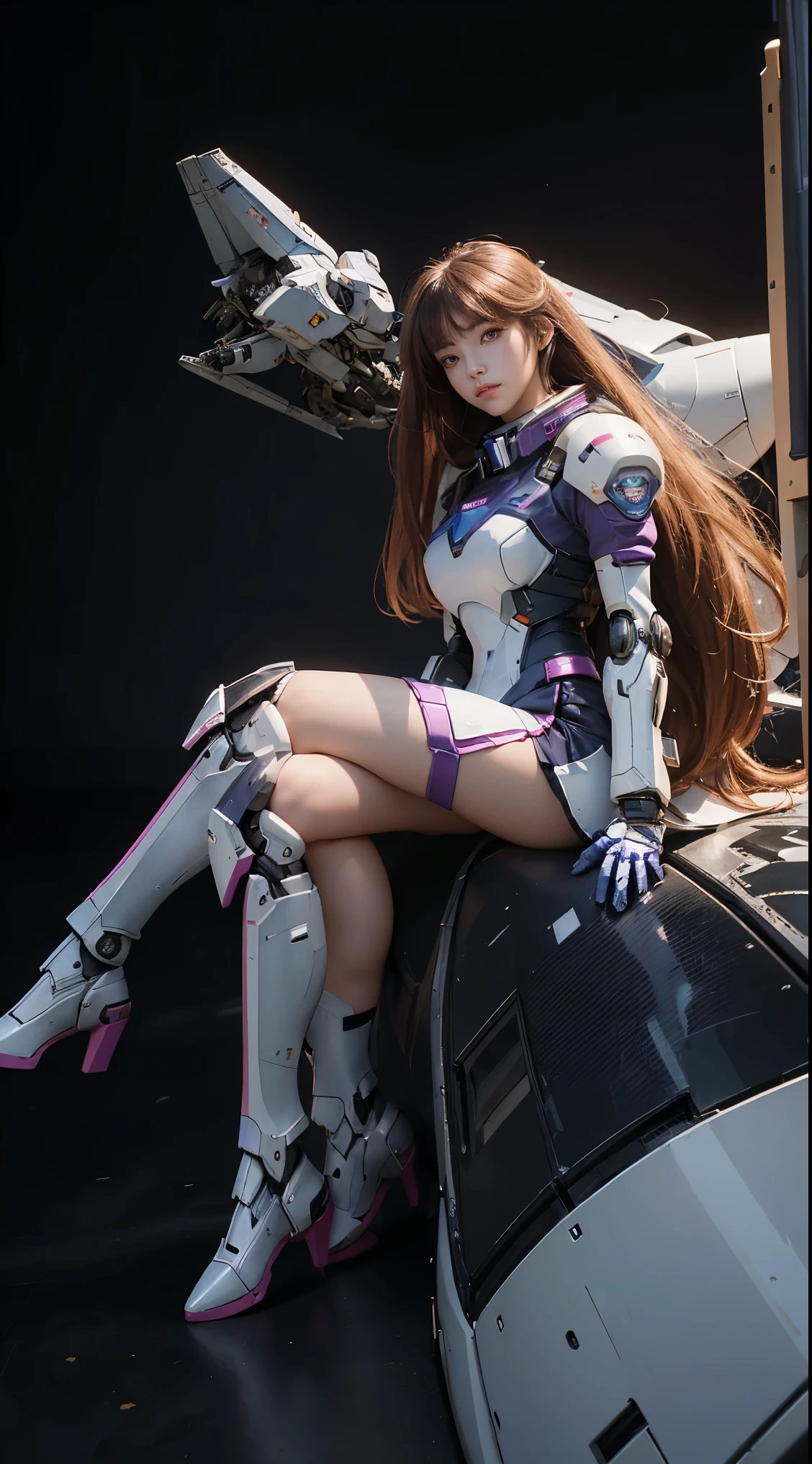 RAW, Masterpiece, Ultra Fine Photo,, Best Quality, Ultra High Resolution, Photorealistic, Sunlight, Full Body Portrait, Stunningly Beautiful,, Dynamic Poses, Delicate Face, Vibrant Eyes, (Side View) a close up of a woman in a pink and white gundam custume, dybamic pose, long brown very very long hair rapunzel, girl in mecha cyber armor, portrait armored astronaut girl, d. va from overwatch, female mecha, on a gundam, gundam head, chiho aoshima color scheme, mobile suit, streamlined purple armor, fully robotic!! girl, realistic cosplay, gundam armor (dynamic pose) (best cameraview), full body