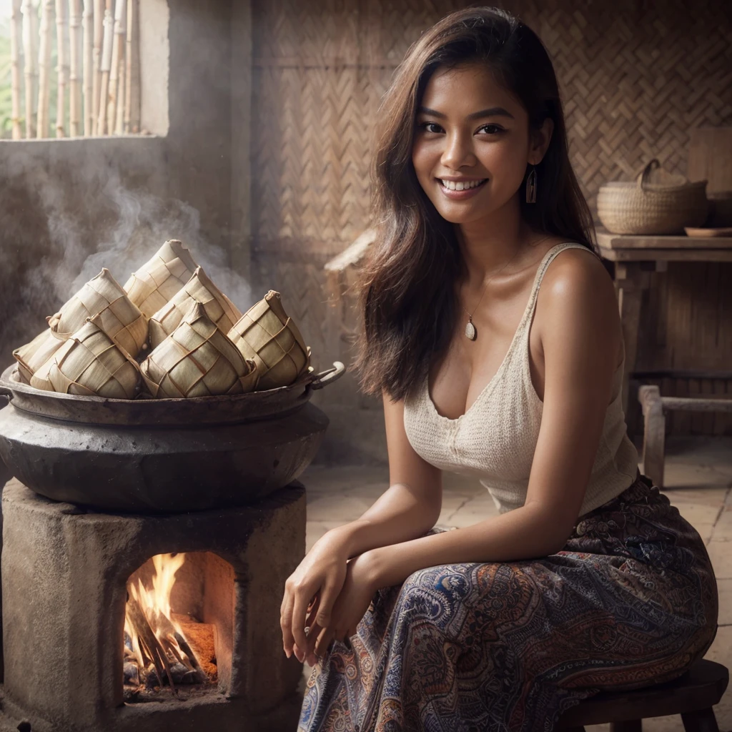 a very beautiful oval face Indonesian woman, 24 years old, ideal body, wearing a kebaya and batik jarik cloth, hair up. sitting on a wooden bench. cooking in the kitchen using firewood there is a clay stove, Boil eggs in boiling water. bamboo wall background, and old kitchen utensils. the floor is still dirt. smiling gently and very sweetly. Beside him was a 2 year old girl playing,