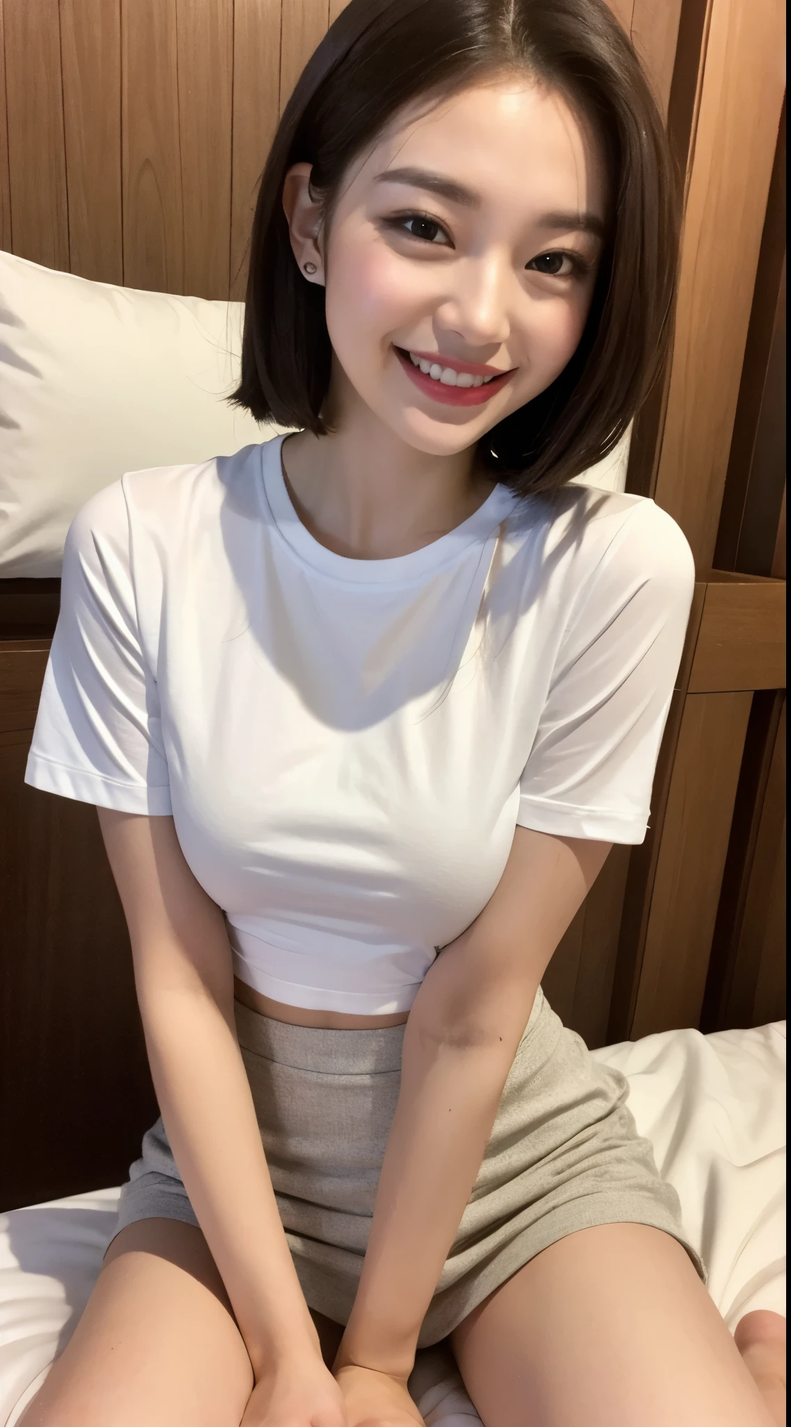 white tight shirt、white tight mini skirt、bed、smile、short sleeve、high resolution、Korean idol face、double eyelid、white teeth、straddle the chair