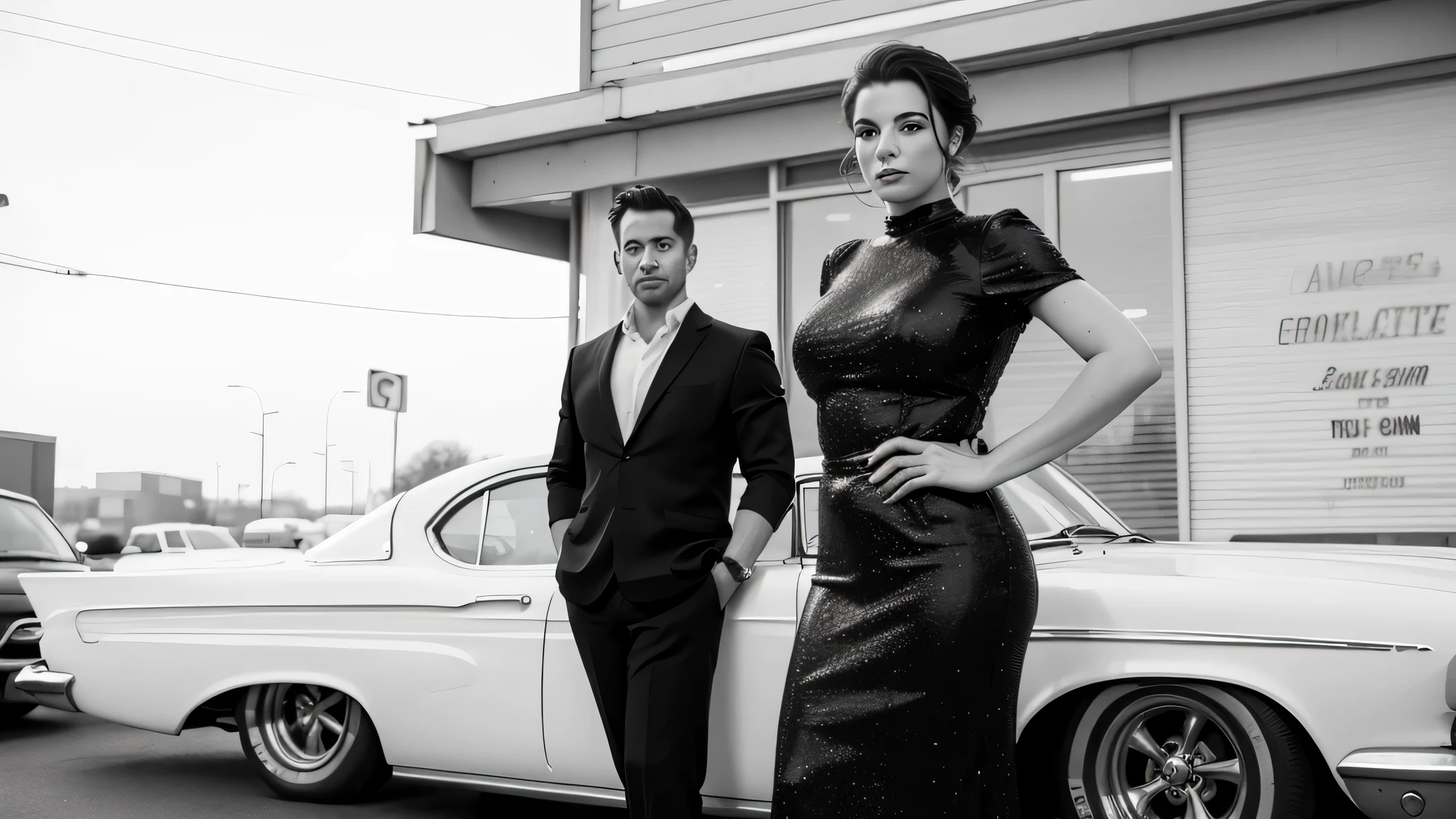 arafed image of a man and a woman standing in front of a car, vintage noir, promotional shot, by Dan Frazier, press shot, by Adam Saks, by Jakob Gauermann, by Thomas Fogarty, promo shot, by David Palumbo, by Gavin Nolan, by Matt Cavotta, by Winona Nelson, by  Adams